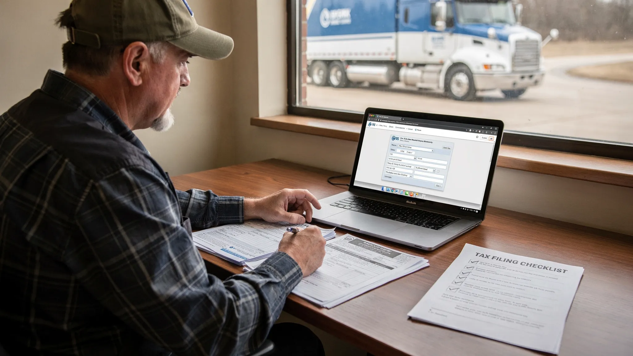 A truck owner-operator at a desk with a laptop and vehicle paperwork, entering EIN and VIN information into an online IRS tax filing portal, with a printed checklist and a semi truck visible through a window in the background.
