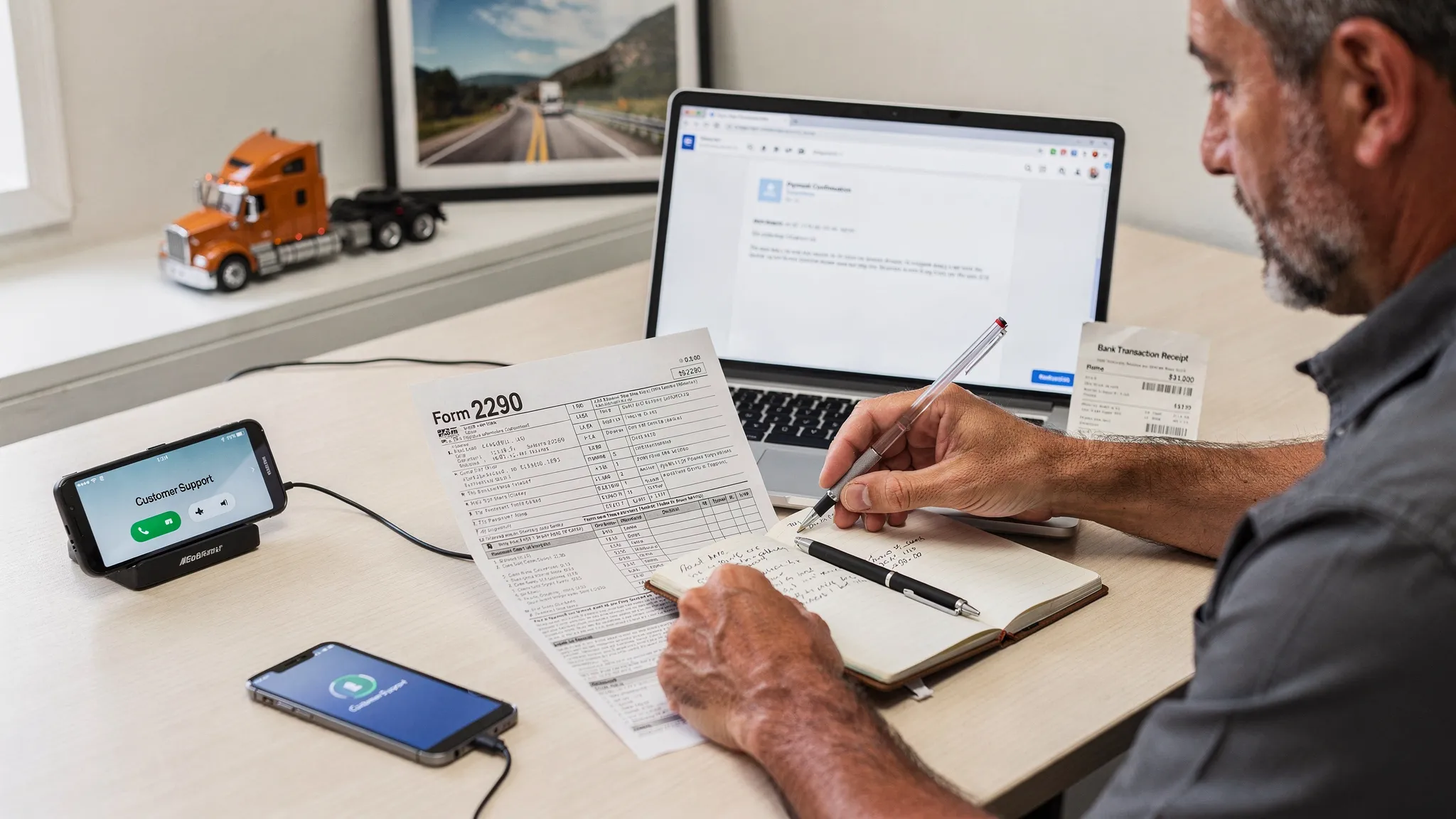 A truck owner-operator sitting at a desk with Form 2290 paperwork, a notebook, and a smartphone on speakerphone, reviewing a payment confirmation email and a bank transaction receipt.