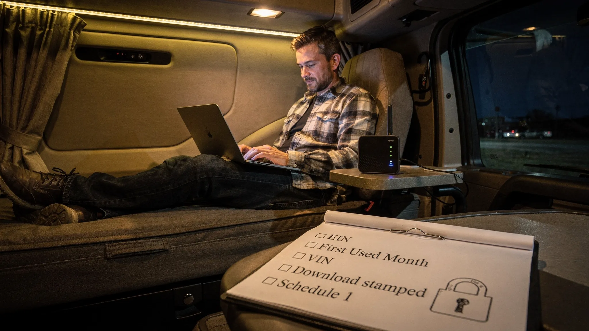 A truck owner-operator sitting in a sleeper cab using a laptop on a secure hotspot device, with a checklist on paper showing EIN, VIN, First Used Month, and “Download stamped Schedule 1,” plus a padlock icon representing secure filing.