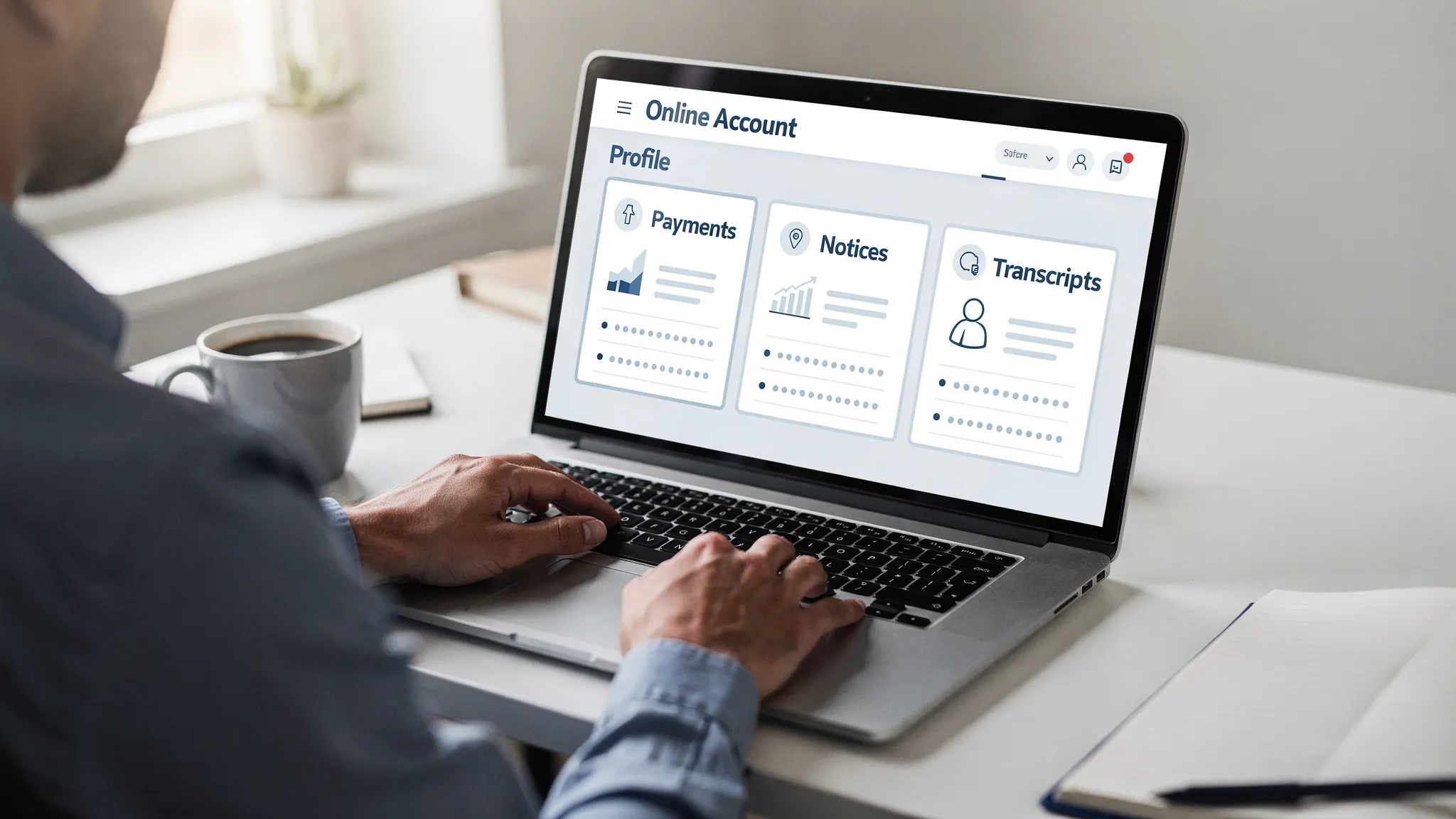 An illustration of a taxpayer viewing an IRS online account dashboard with clear sections labeled Profile, Payments, Notices, and Transcripts, shown on a laptop screen facing the viewer; no real IRS logos or sensitive data displayed.