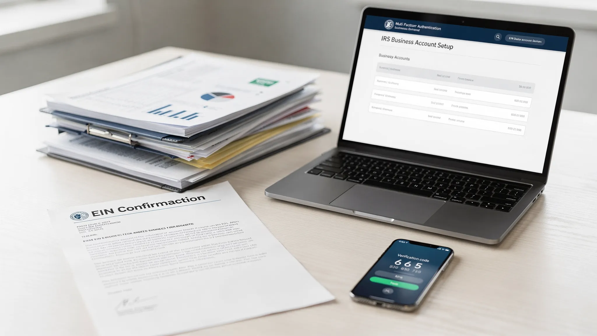 A desk with an EIN confirmation letter, business tax records, a smartphone for multi-factor authentication, and a laptop open toward the user for IRS business account setup.