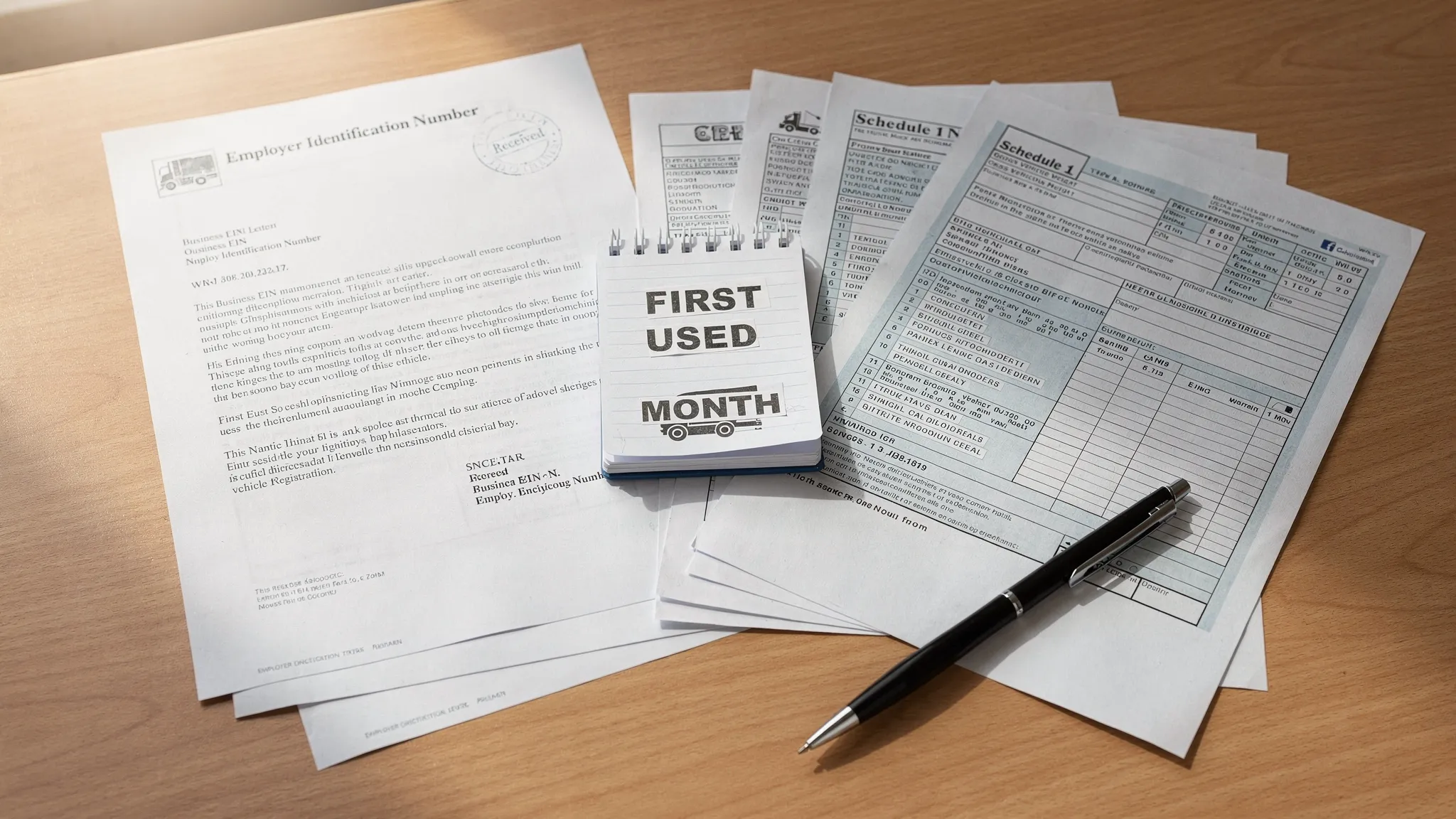 A flat lay of organized truck tax docs including a business EIN letter, vehicle registration papers showing VIN and gross weight, a notepad labeled “First Used Month,” and a stamped Schedule 1-style document, arranged neatly on a desk with a pen.