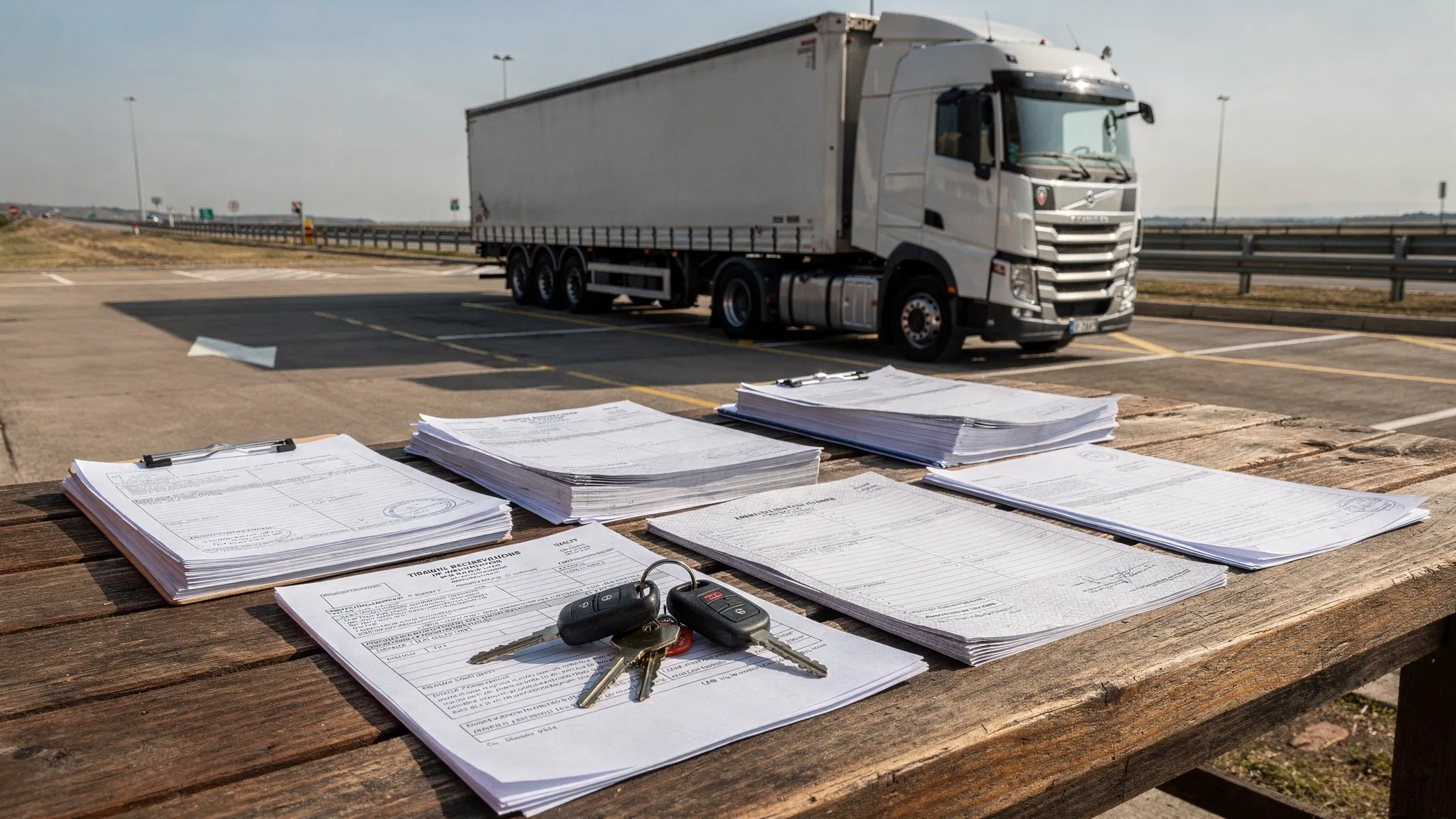 A heavy-duty truck parked near a highway service area with registration papers, tax documents, and keys arranged neatly on a table in the foreground.