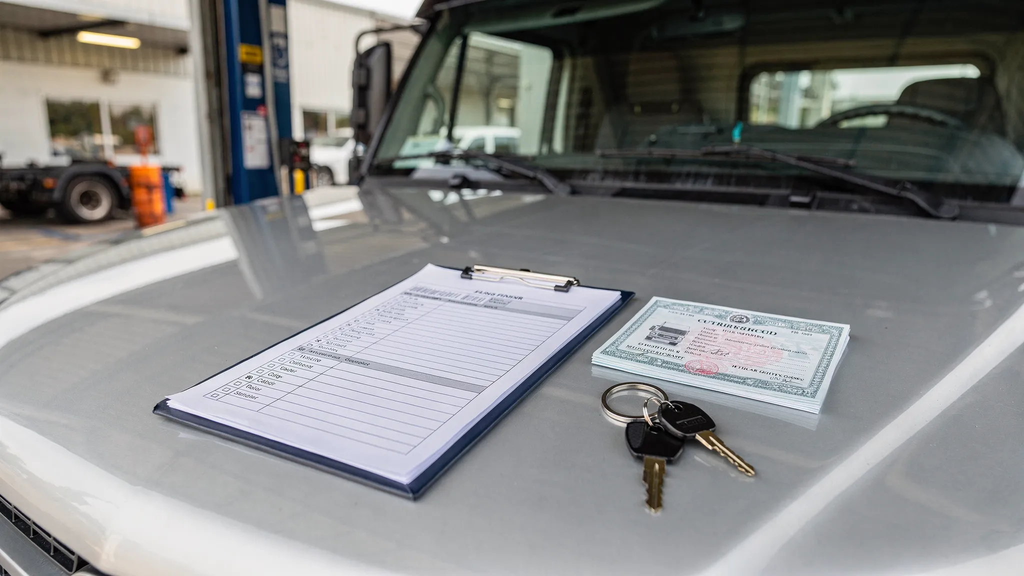 A heavy highway truck parked near a service bay with a clipboard showing a filing checklist, vehicle registration papers, and keys on the hood.