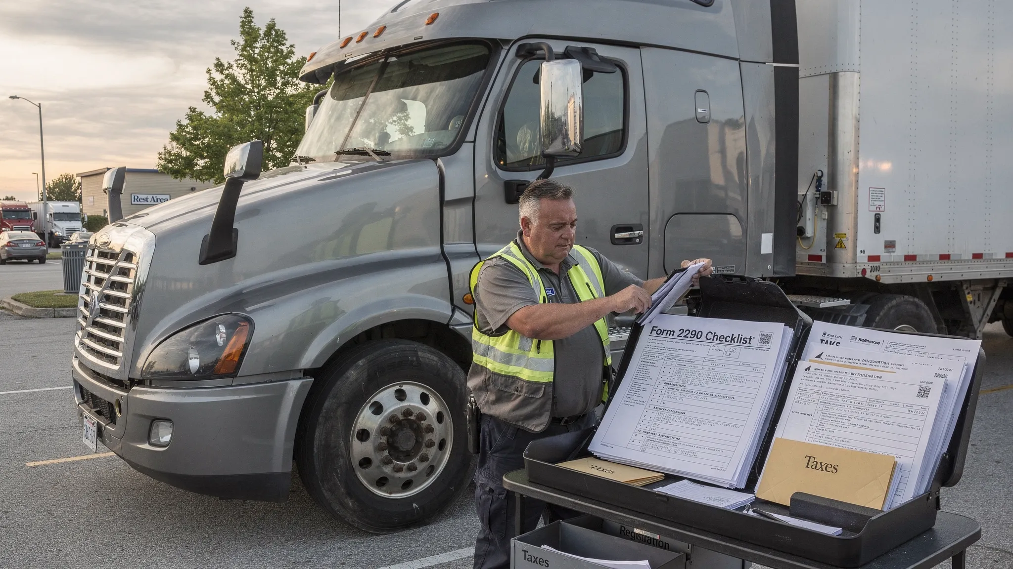 A semi truck parked at a rest stop with a driver organizing tax documents, registration paperwork, and a Form 2290 checklist on a clipboard beside the cab.