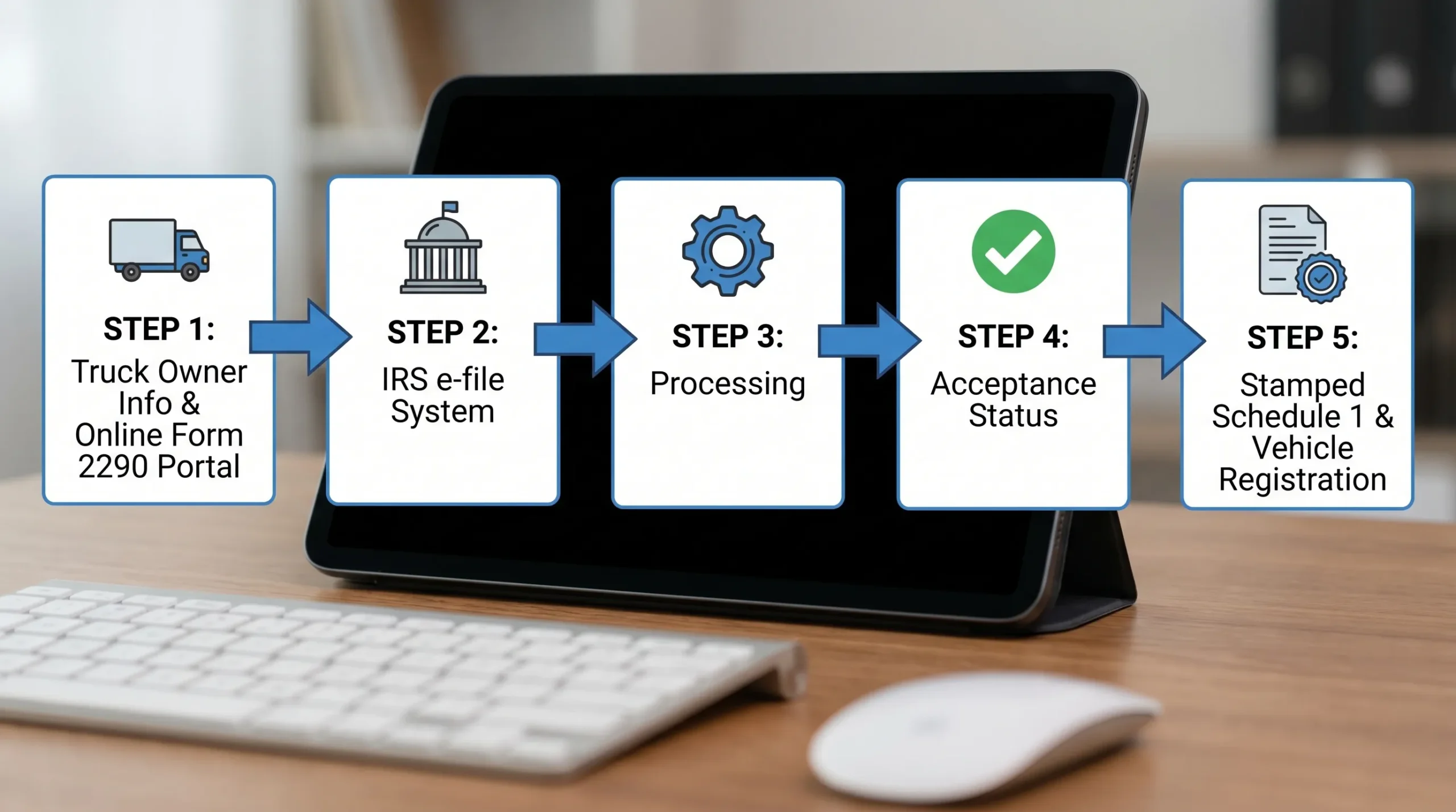 A simple five-step flow showing truck owner information moving from an online Form 2290 portal to the IRS e-file system, then returning an acceptance status and stamped Schedule 1 for vehicle registration.