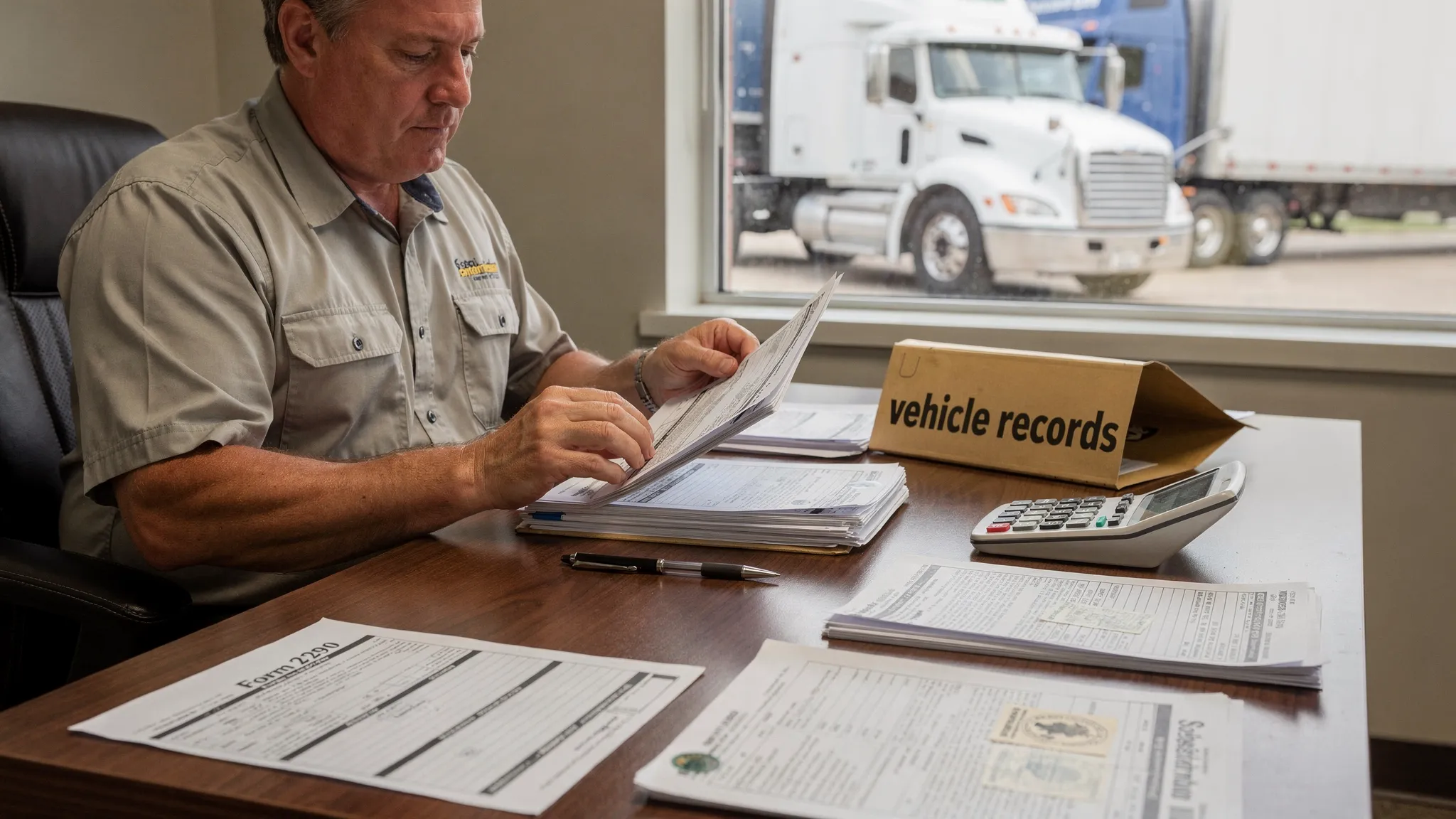 A truck owner organizing official tax documents on a desk, including Form 2290, Schedule 1, state registration paperwork, and a folder labeled vehicle records, with a semi truck visible outside a window.