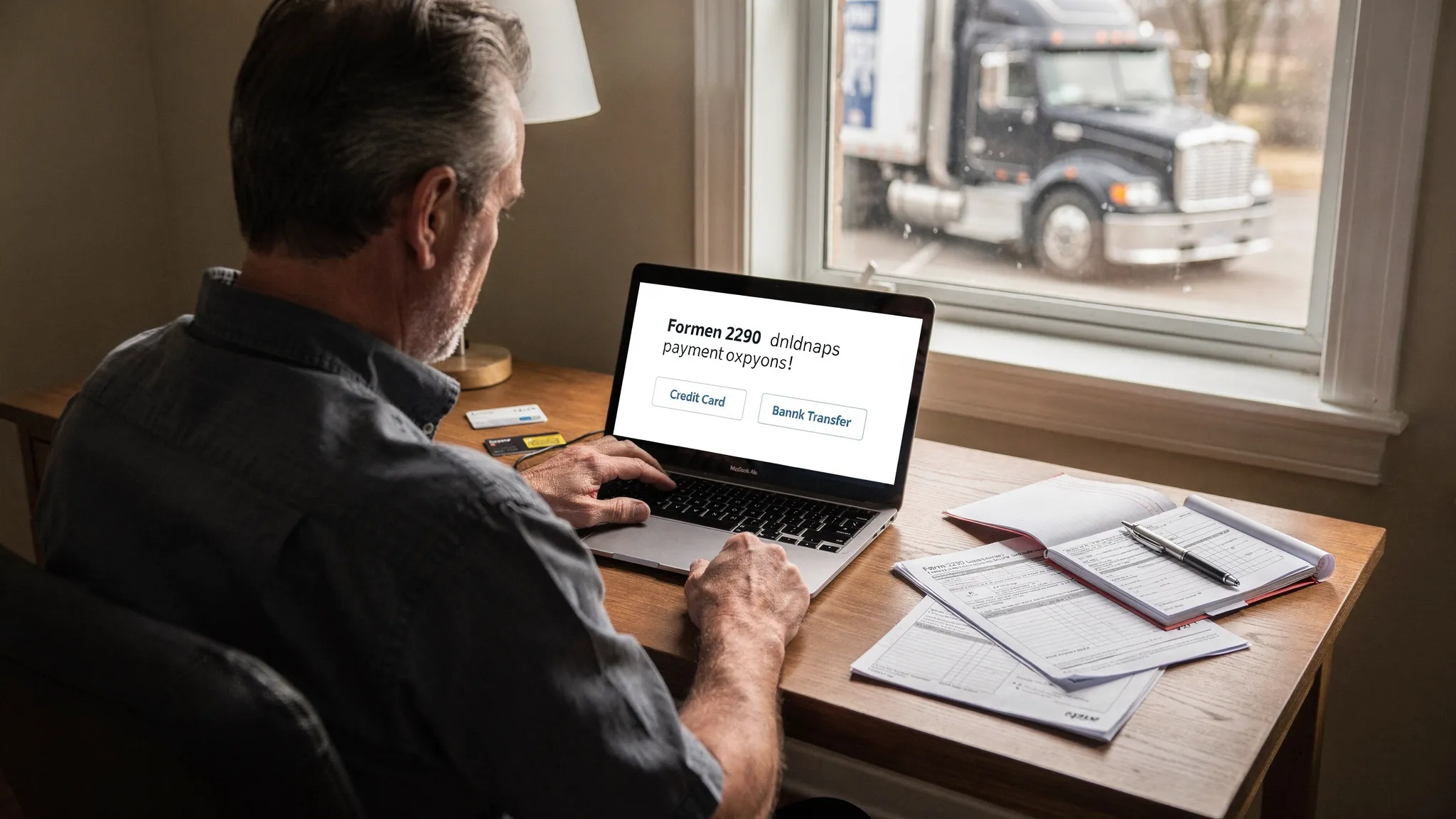 A truck owner reviewing Form 2290 payment options with a semi truck, tax documents, bank card, checkbook, and laptop arranged on a desk. The laptop screen faces the owner and displays a simple payment selection page.