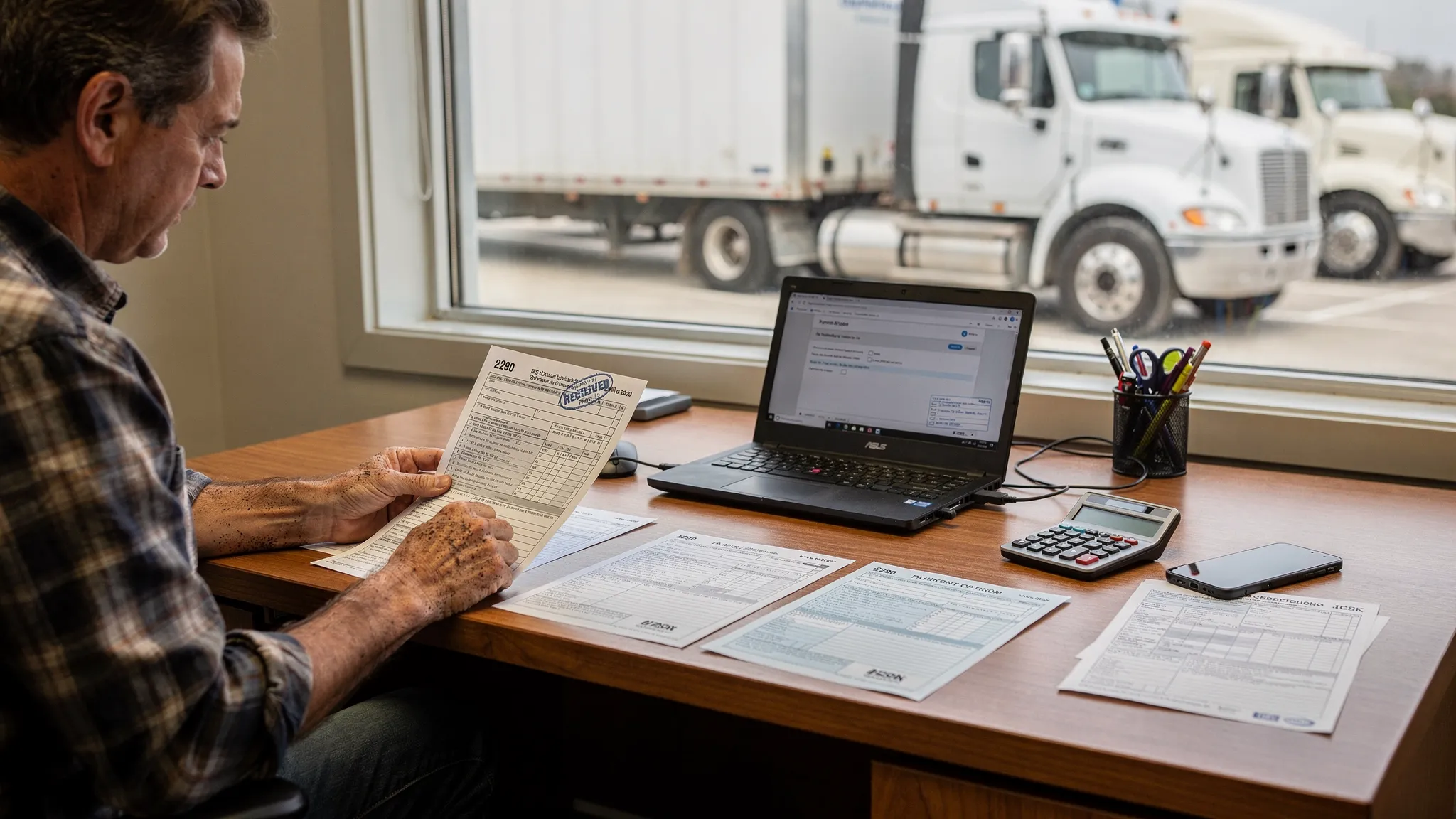 A truck owner reviewing Form 2290 tax documents, a stamped Schedule 1, and payment options on a desk with a semi truck visible outside.