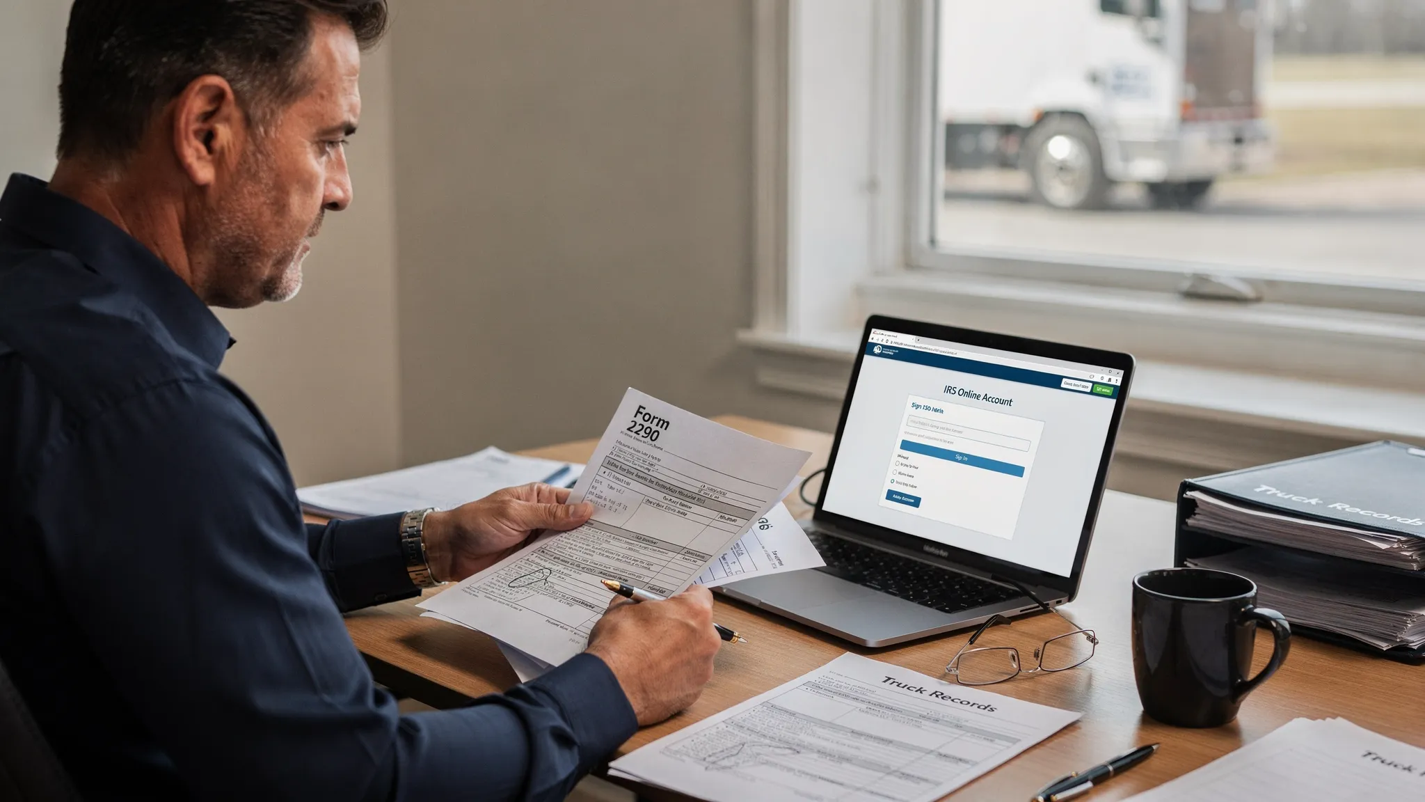 A truck owner reviewing tax documents, EIN information, and vehicle records while preparing to create a secure IRS online account and file Form 2290.