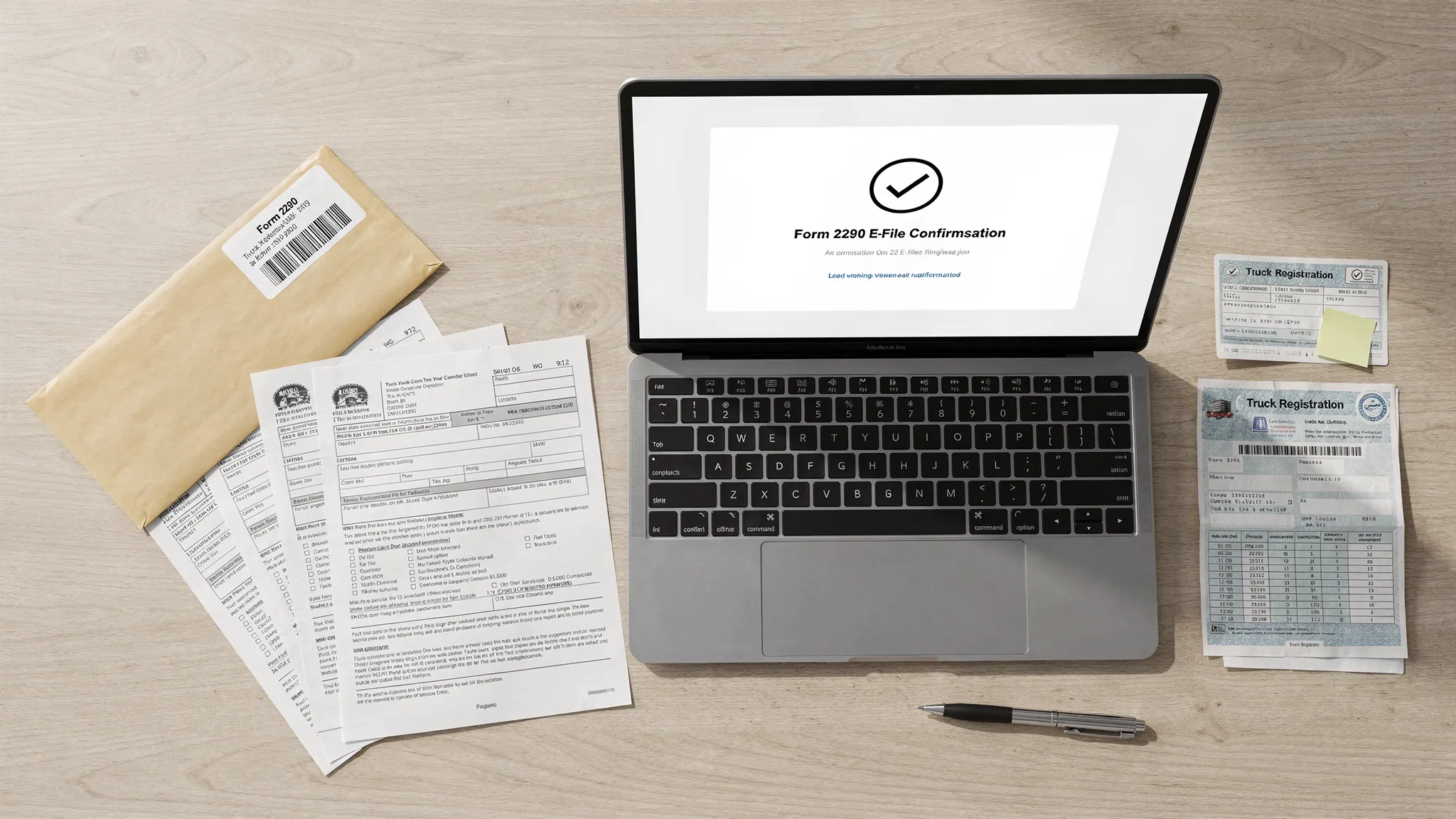 A truck owner’s desk with a sealed mailing envelope, Form 2290 paperwork, a laptop showing a correctly oriented e-filing confirmation screen, and truck registration documents arranged side by side.