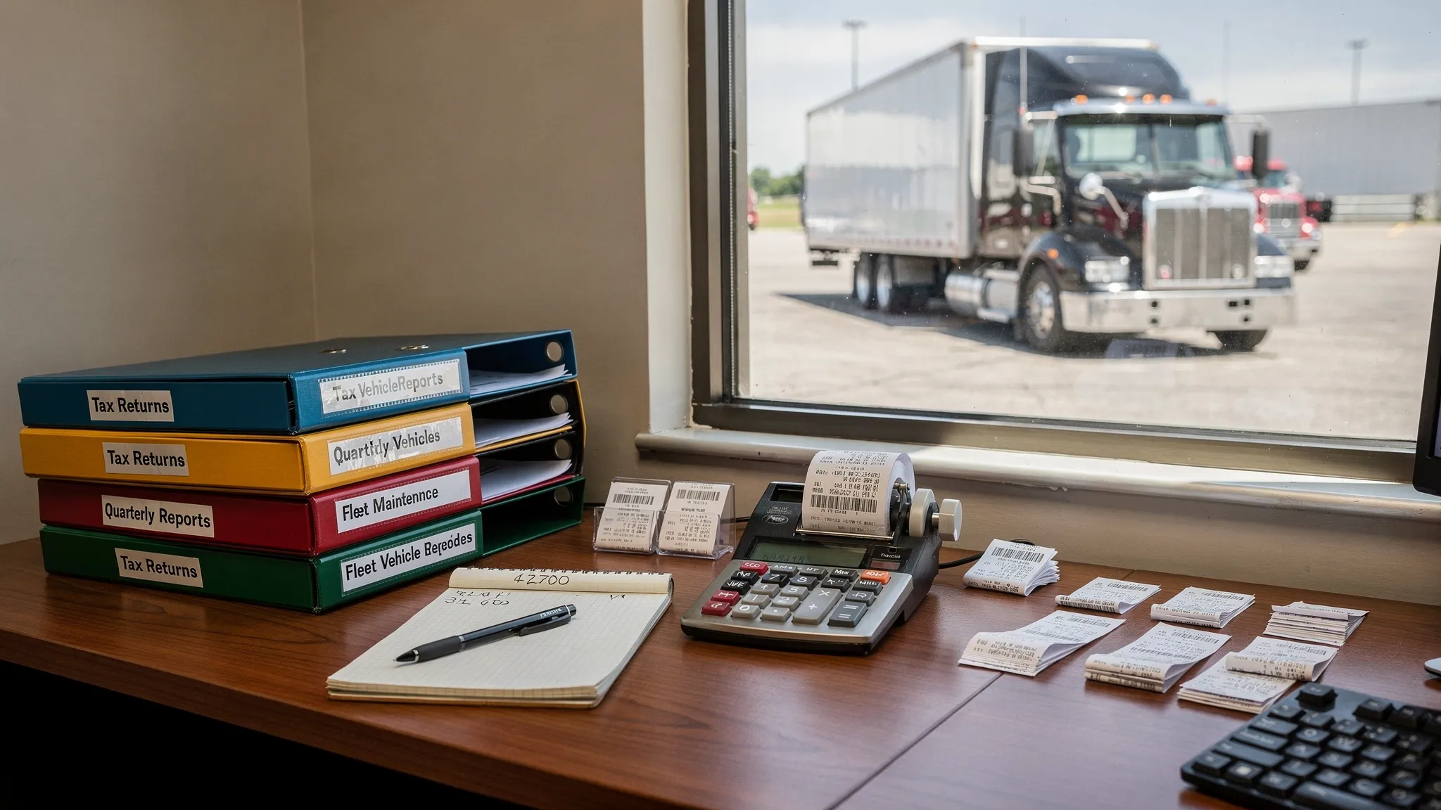 A trucking company desk with organized tax folders, vehicle records, fuel receipts, a calculator, and a semi truck visible through an office window.