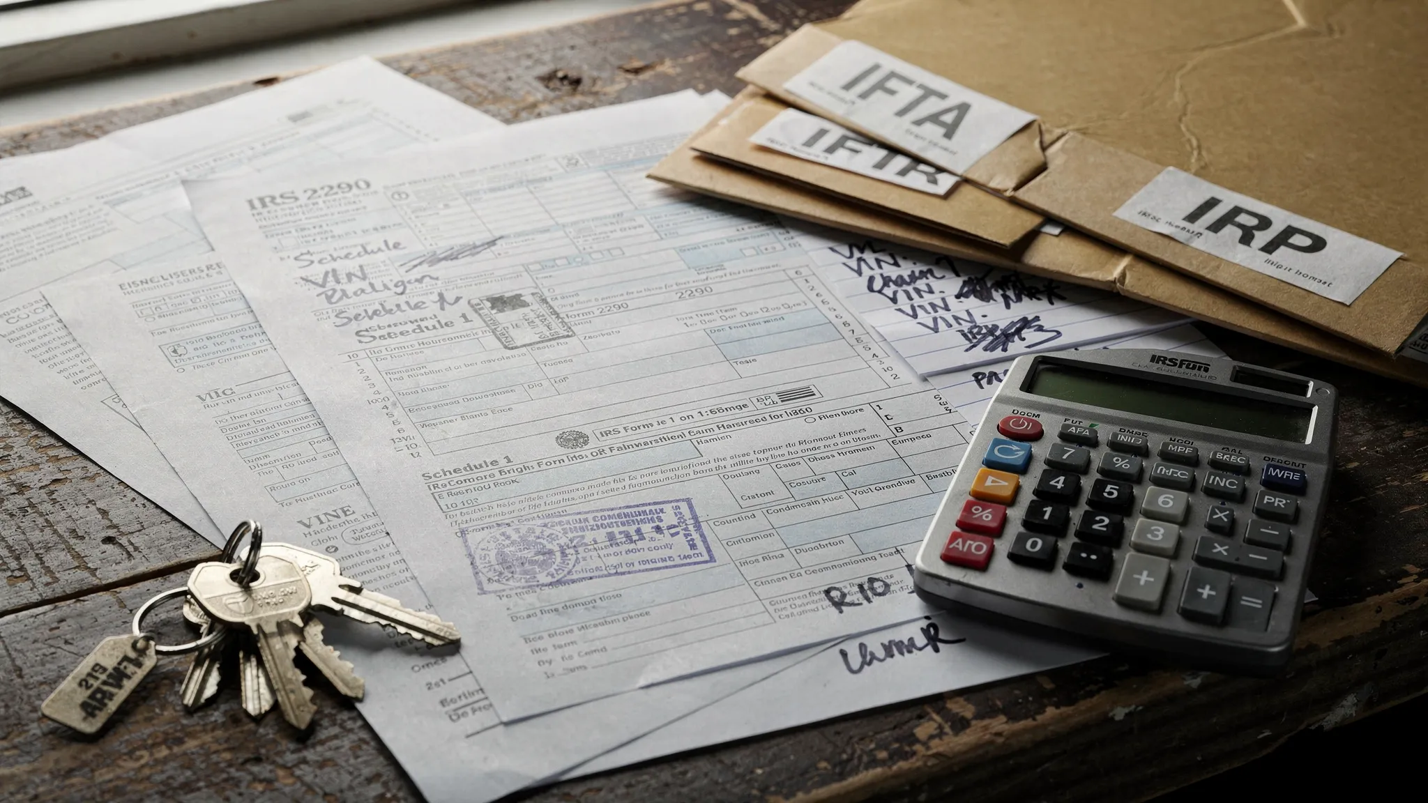 Close-up of a truck owner’s desk showing printed IRS Form 2290 pages with a stamped Schedule 1, handwritten VIN notes, a calculator, truck keys, and folders labeled IFTA and IRP.
