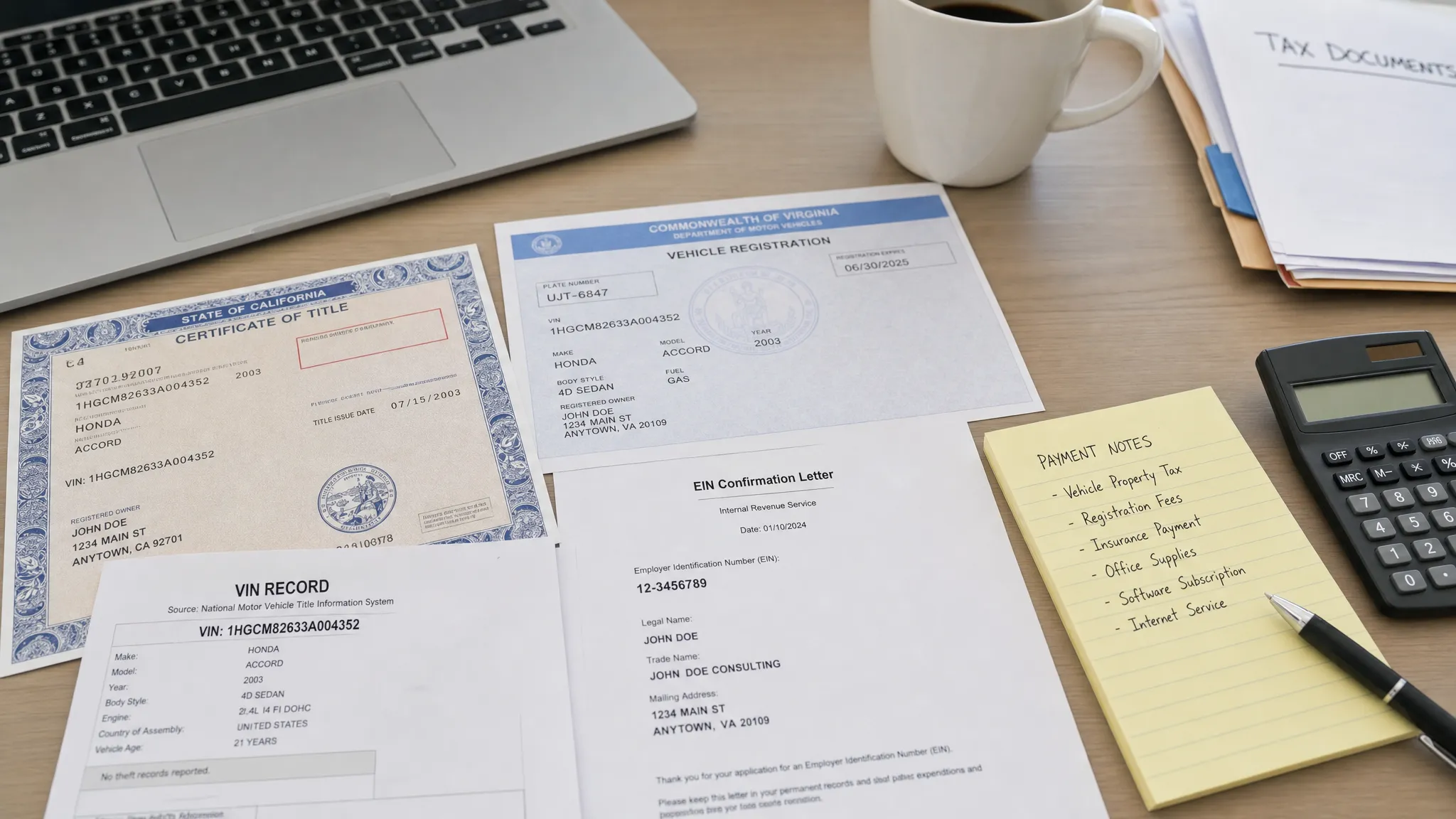 A close-up indoor view of vehicle registration papers, VIN records, EIN documents, and payment notes spread neatly on a clean desk before filing taxes online.