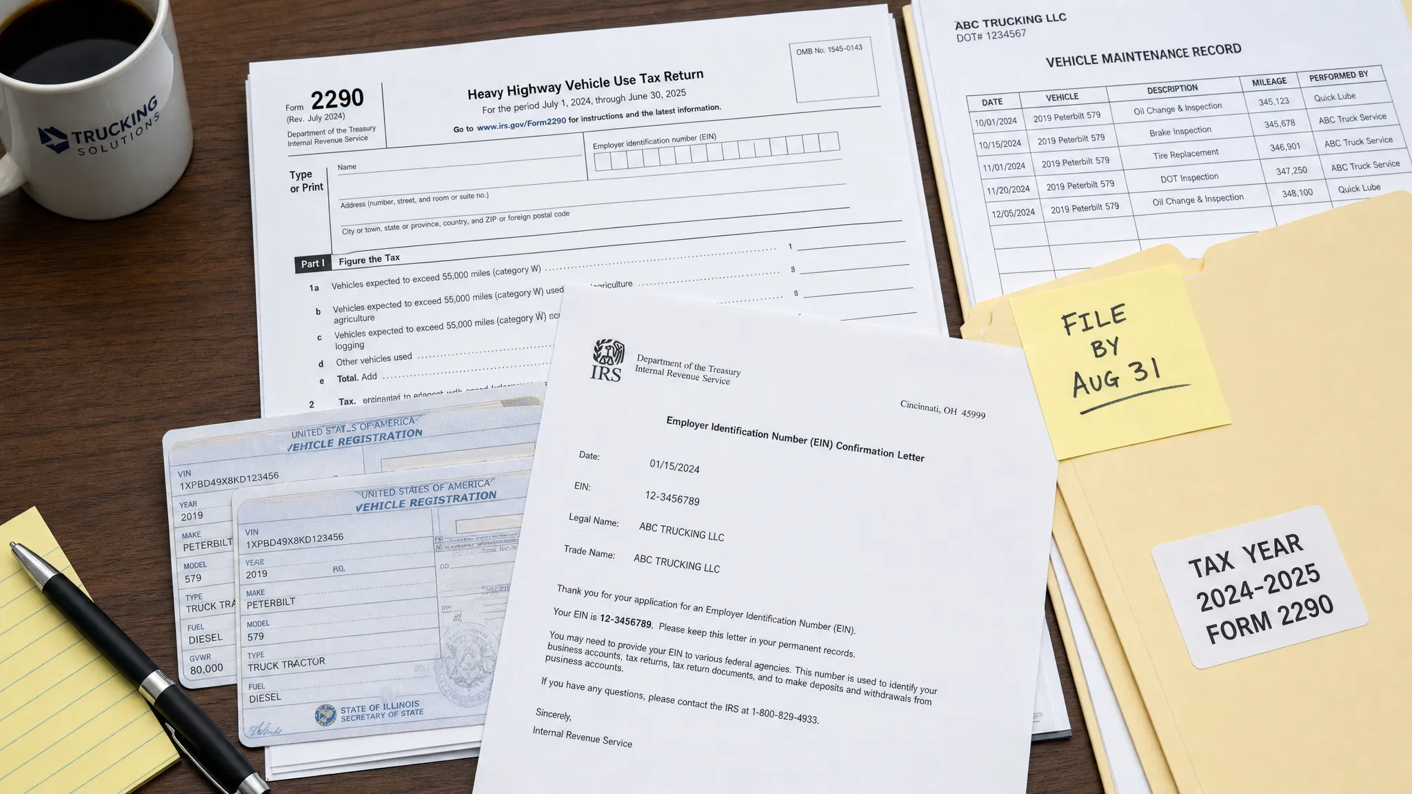 A close-up overhead view of Form 2290 paperwork, vehicle registration documents, an EIN confirmation letter, and truck records neatly organized on a desk before filing heavy vehicle taxes.
