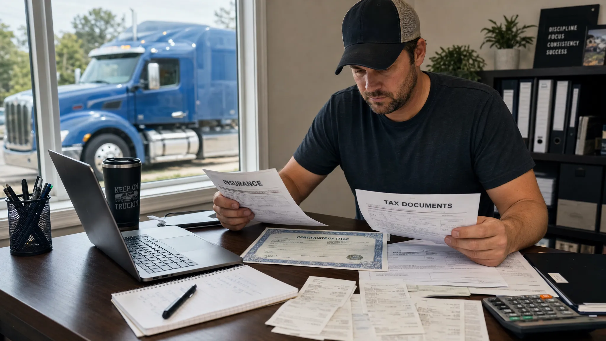 A first-time truck owner organizing tax documents, vehicle title, insurance papers, fuel receipts, and a laptop on a desk with a semi truck visible outside.