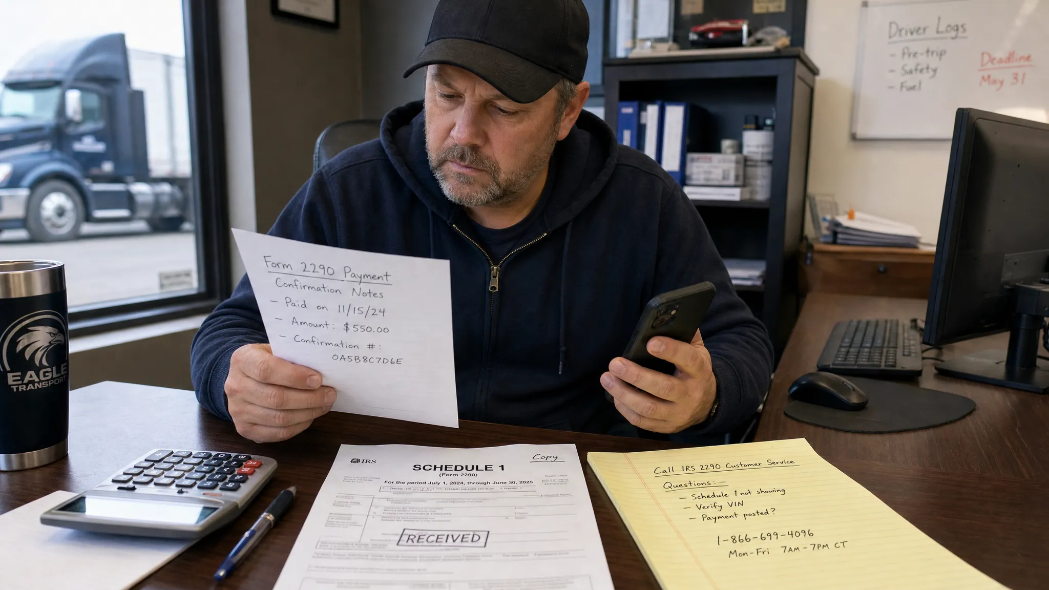 An adult truck driver at a desk reviewing Form 2290 payment notes, a stamped Schedule 1 copy, a calculator, and a phone while preparing to call customer service.