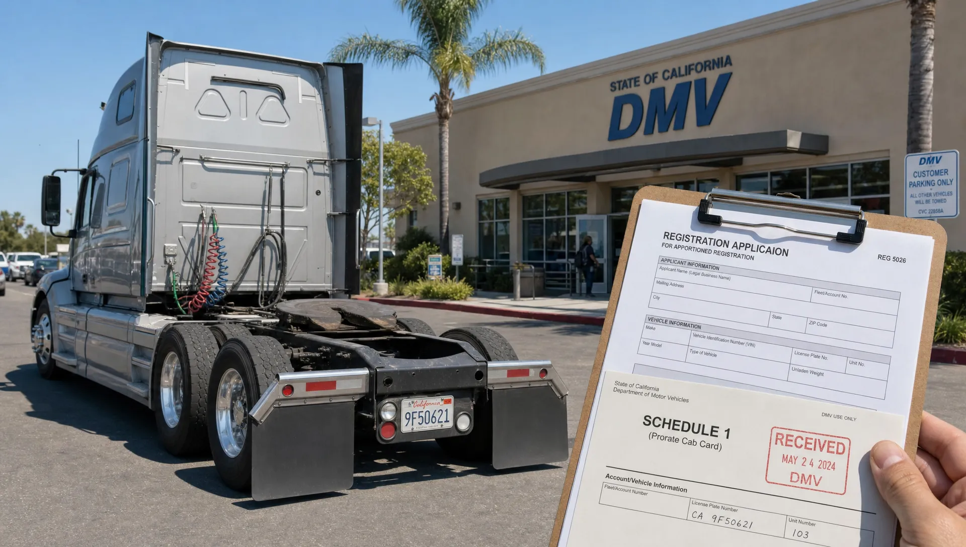 A California semi truck waits near a DMV office while a clipboard with registration papers and a stamped Schedule 1 is held beside it.