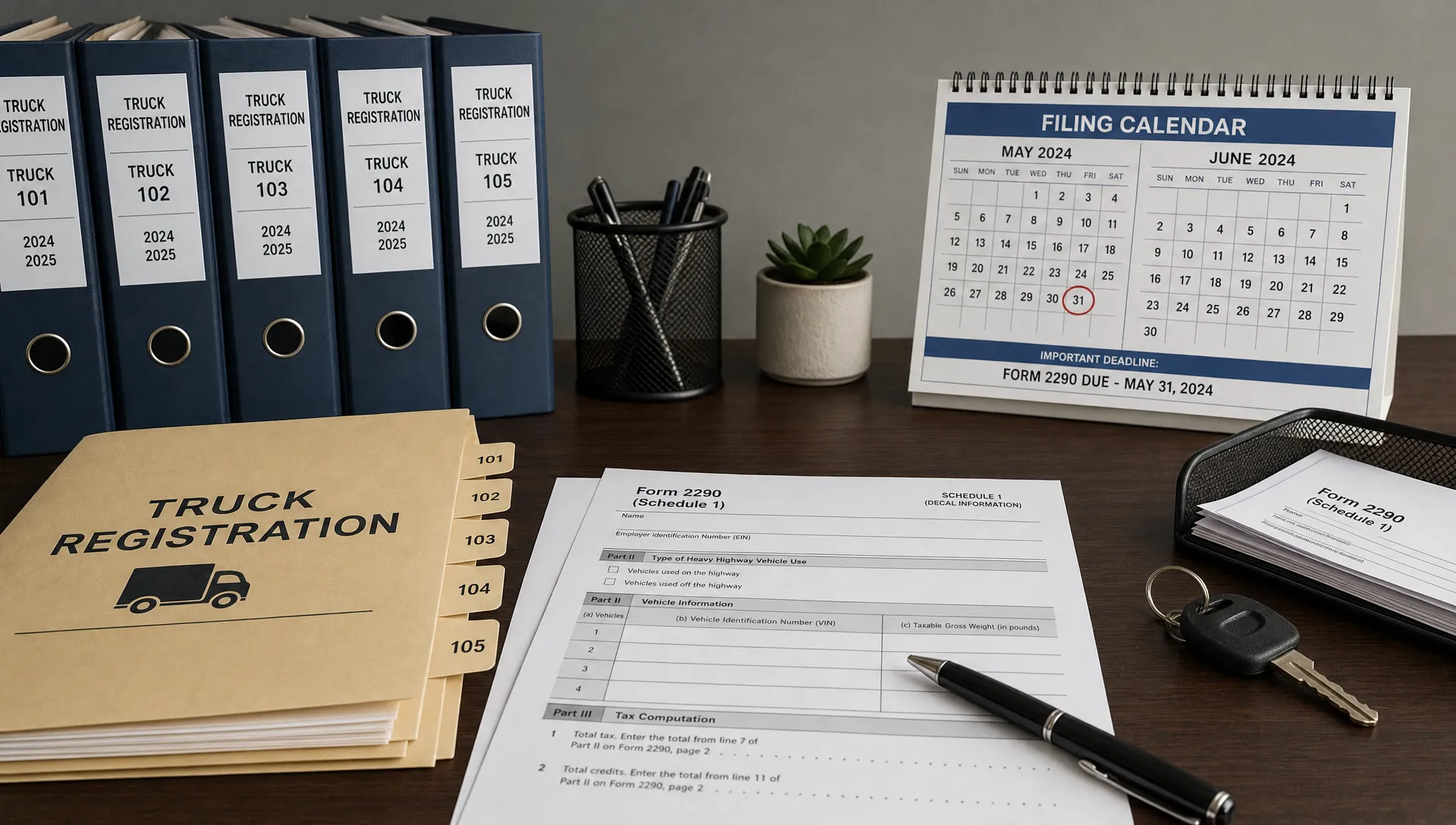 A compliance desk holds truck registration folders, Form 2290 Schedule 1 pages, keys, and a filing calendar.