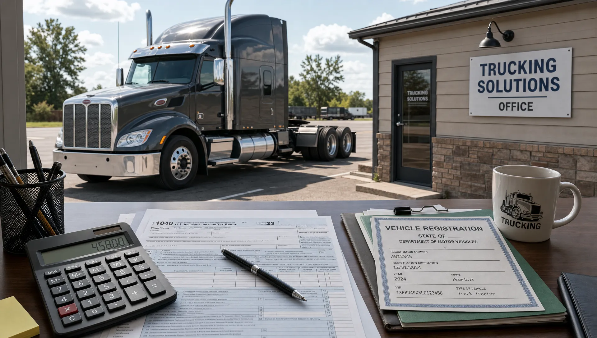 A heavy-duty semi truck stands beside a small business office while tax documents, a calculator and registration papers sit on a desk in front.