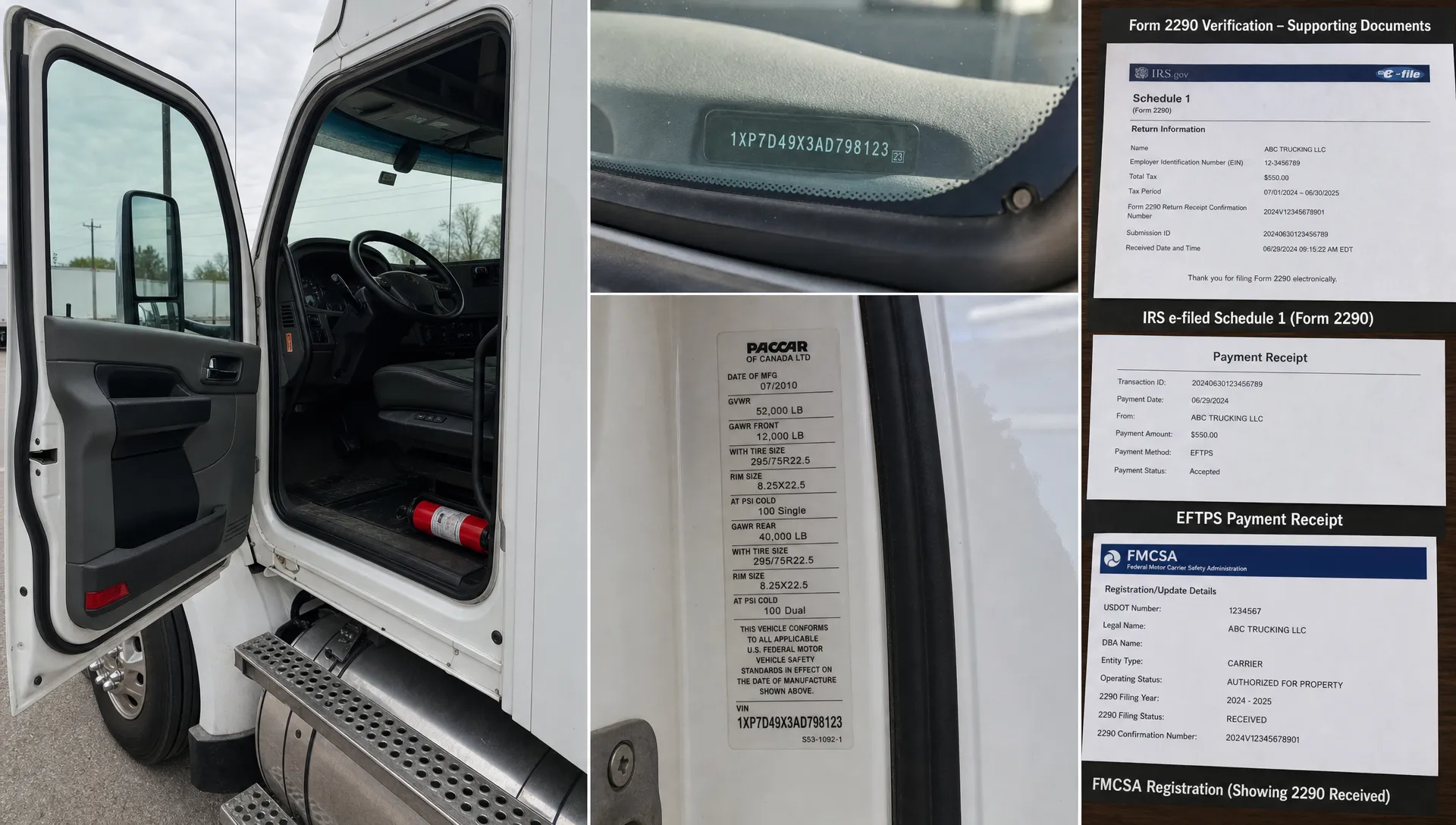 A parked semi truck shows the dashboard VIN, driver door jamb label and the paperwork sources used to verify a Form 2290 number.