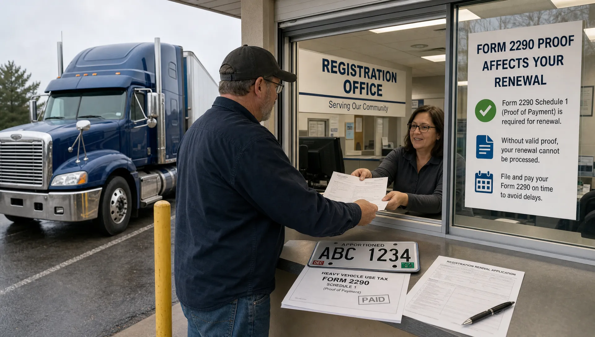 A semi truck parked outside a registration office with a clerk window, license plates and tax documents on a counter, showing how Form 2290 proof affects renewal.