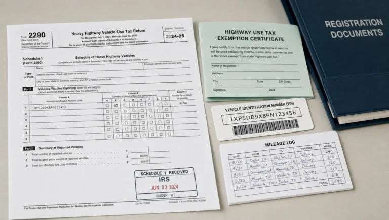 A stamped 2290 Schedule 1 lies beside a highway-use tax exemption certificate, a VIN card, and a mileage log for truck filing proof.