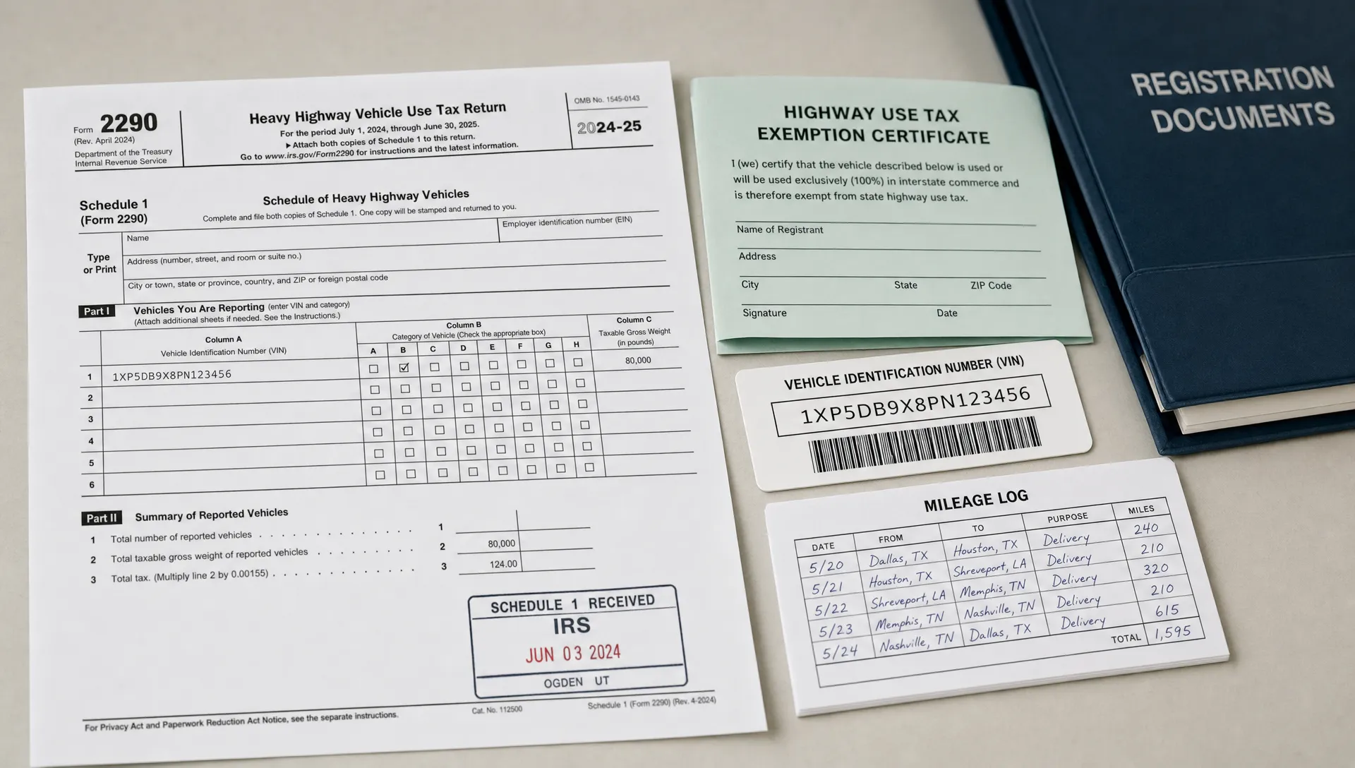 A stamped 2290 Schedule 1 lies beside a highway-use tax exemption certificate, a VIN card, and a mileage log for truck filing proof.