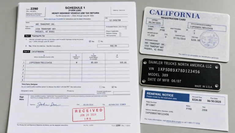 A stamped Schedule 1 sits beside a California registration card and truck VIN tag for heavy vehicle registration.