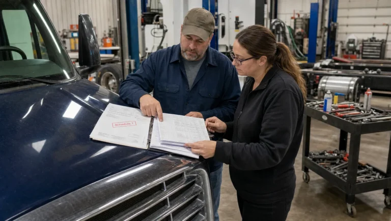 A truck owner and bookkeeper review mileage logs, repair invoices and a stamped Schedule 1 in a maintenance bay.