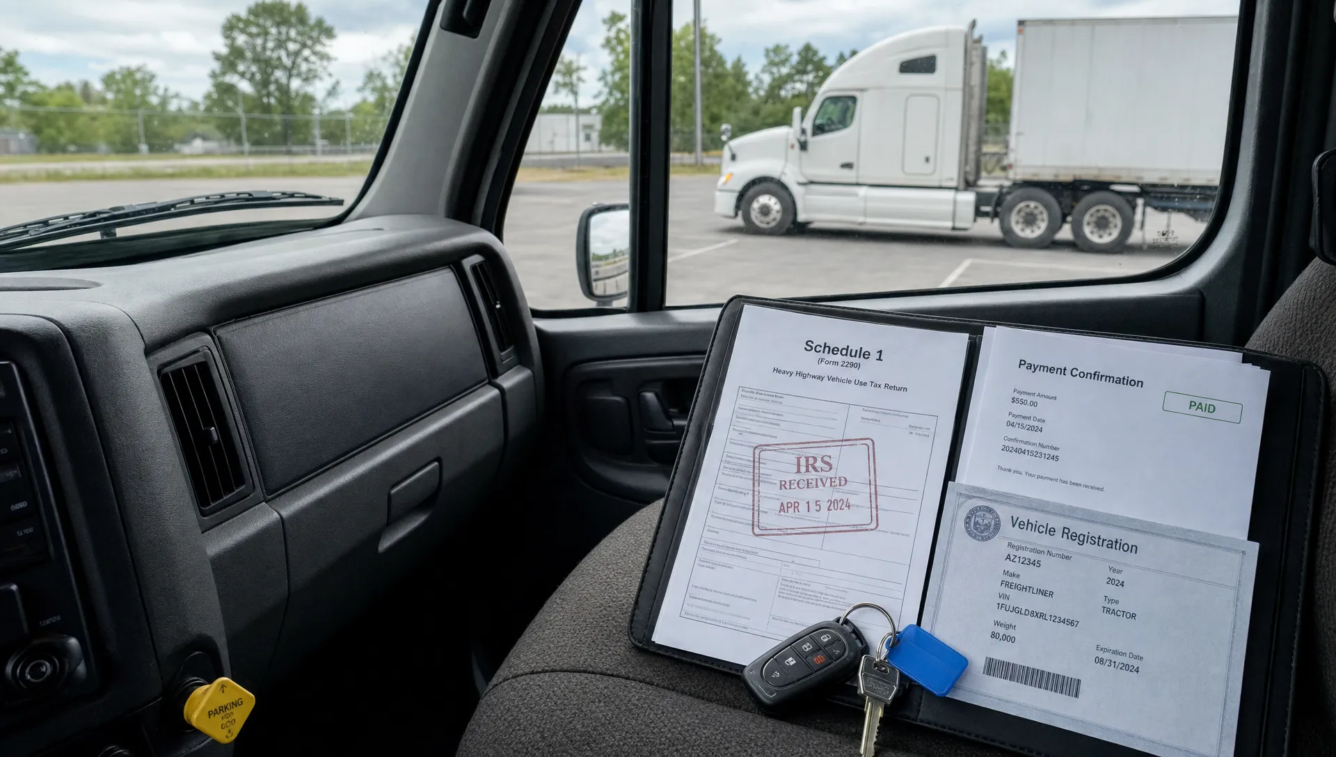 A truck registration folder in the cab with an IRS-stamped Schedule 1, payment confirmation, vehicle registration paperwork, and truck keys on the passenger seat beside the windshield, with a parked semi truck visible through the glass.