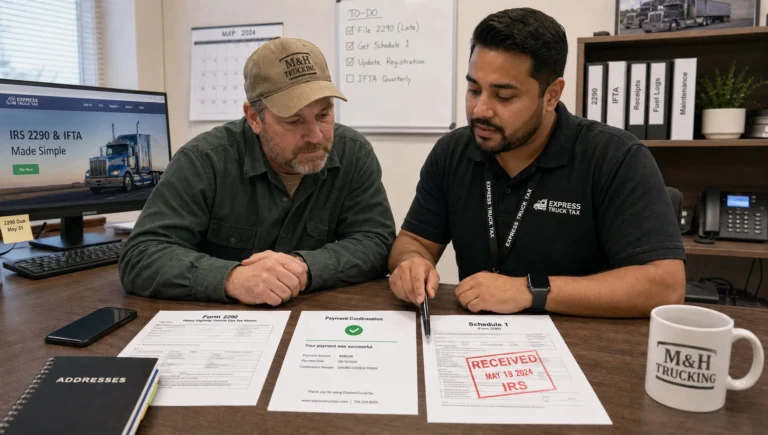 An adult truck owner and support specialist review Form 2290 papers, payment proof and a stamped Schedule 1 at a dispatch desk.