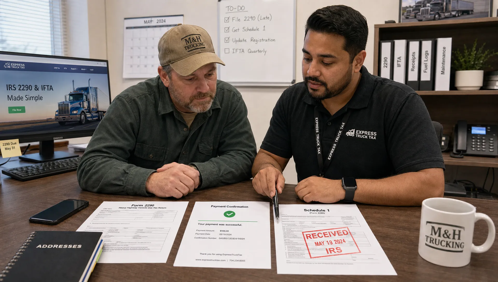 An adult truck owner and support specialist review Form 2290 papers, payment proof and a stamped Schedule 1 at a dispatch desk.