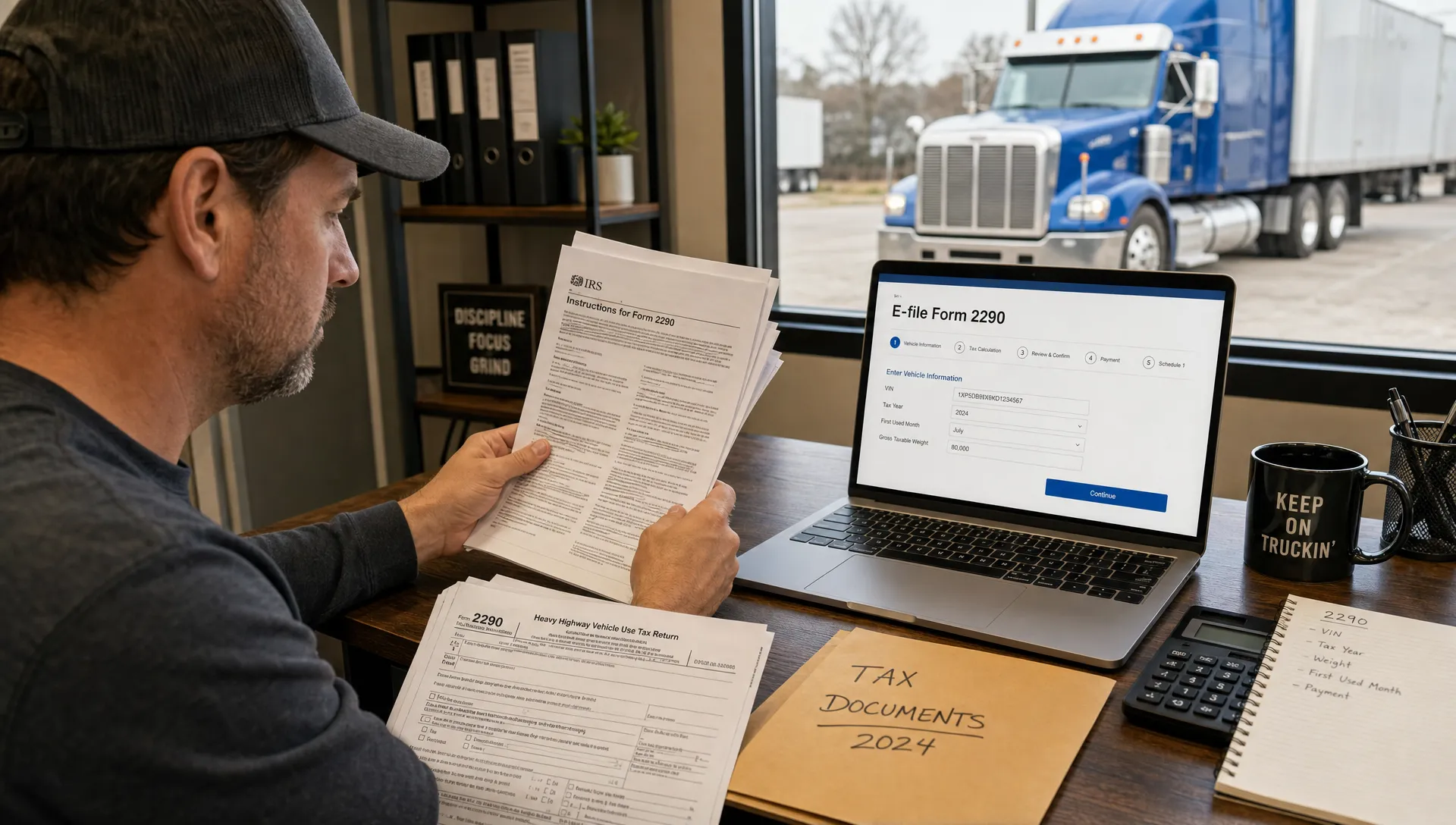 An adult truck owner reviews a printed IRS Form 2290 packet next to a laptop showing an online filing workflow, with a semi truck parked outside and organized tax documents on the desk.