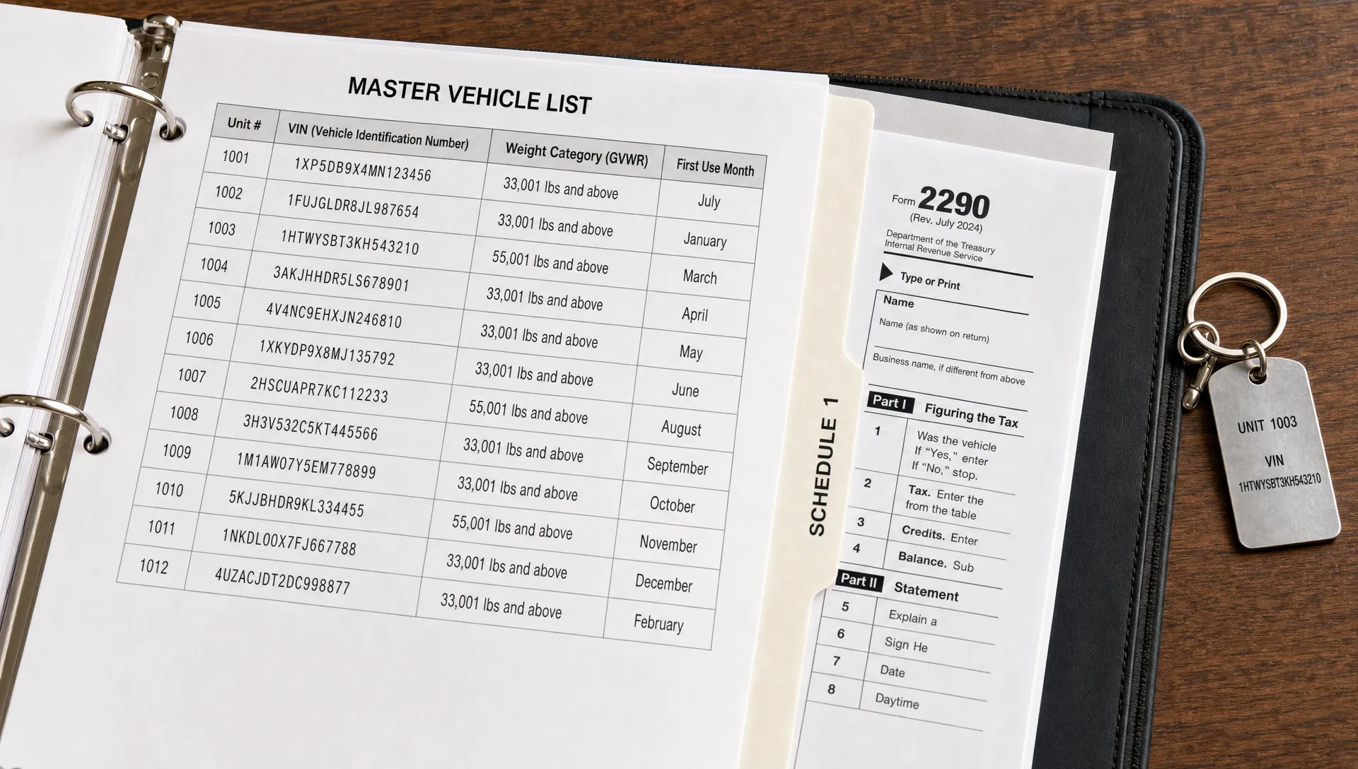 An open compliance binder shows VIN lists, weight categories, and a Form 2290 Schedule 1 tab.