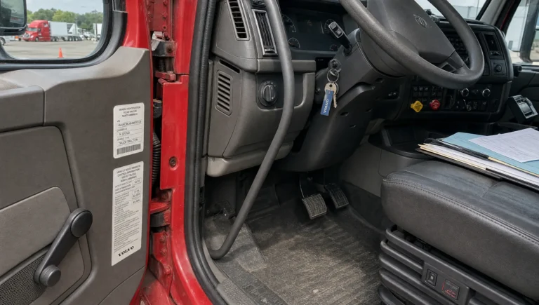 The front of a parked heavy truck shows the dashboard and door area where drivers check the VIN for Form 2290.