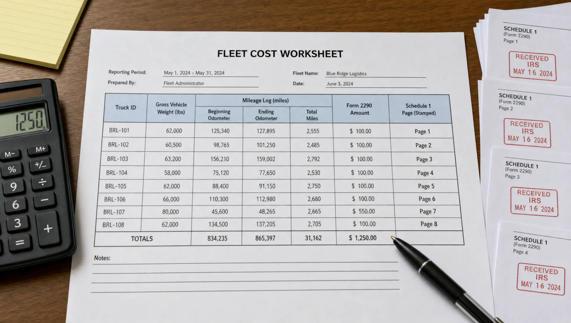 A fleet cost worksheet on a desk lists truck IDs, gross vehicle weights, mileage logs, Form 2290 amounts, and stamped Schedule 1 pages.