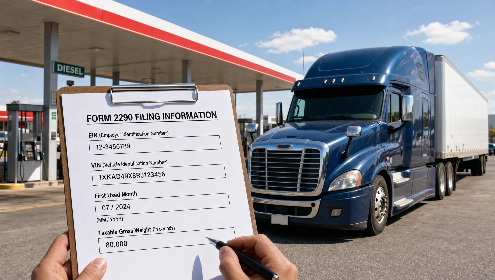 A parked semi truck beside a fuel station with a clipboard showing EIN, VIN, first-used month and taxable gross weight fields for Form 2290 filing.