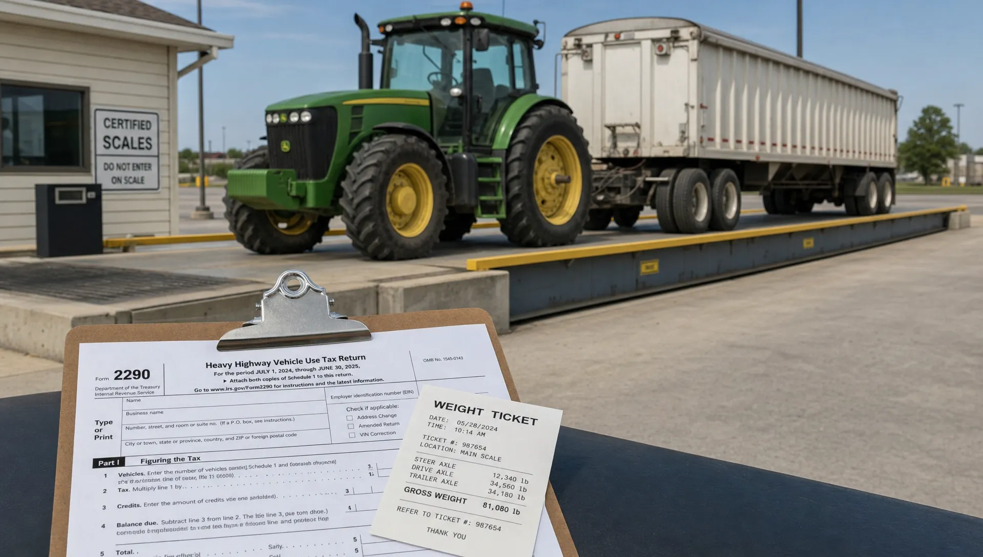 A tractor and trailer sit on a truck scale while a weight ticket and Form 2290 paperwork rest on a clipboard in front.