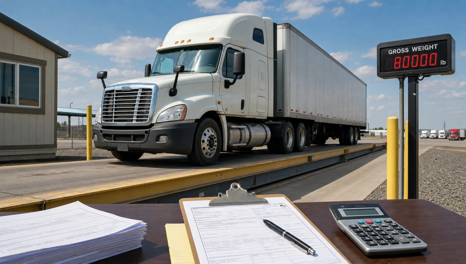A tractor-trailer on a truck scale with paperwork nearby shows the setup used to calculate 2290 taxable gross weight before filing Form 2290.