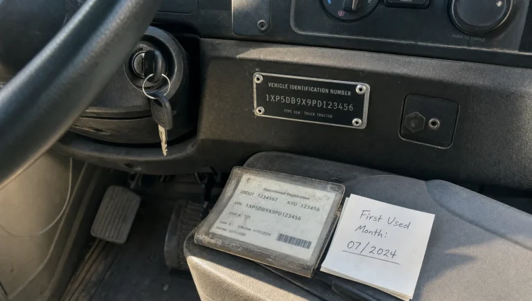 A truck cab VIN plate sits beside a key, registration sleeve and note for Form 2290 verification.