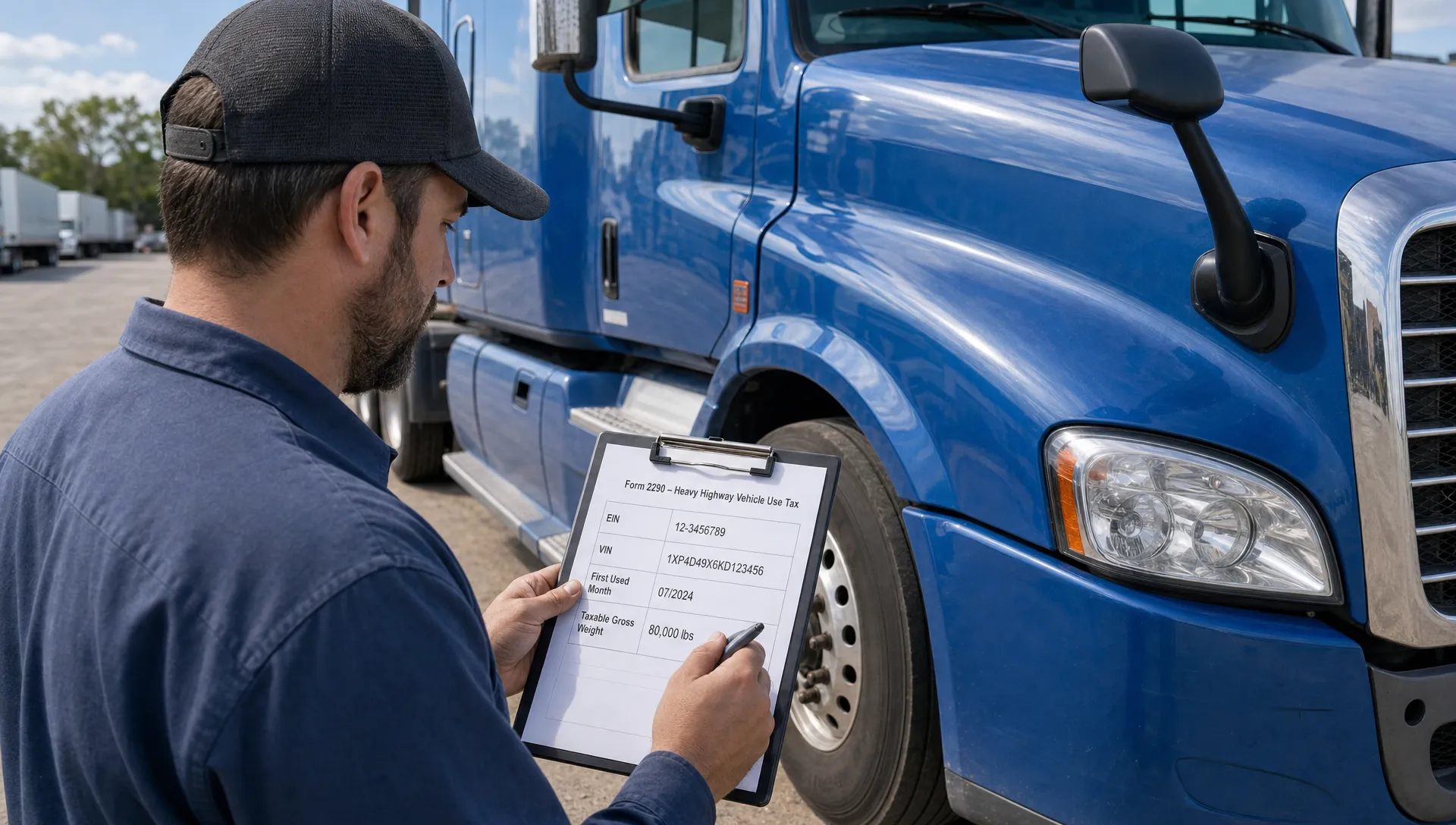 A truck owner checks EIN, VIN, first-used month and taxable gross weight beside a semi truck before submitting Form 2290.