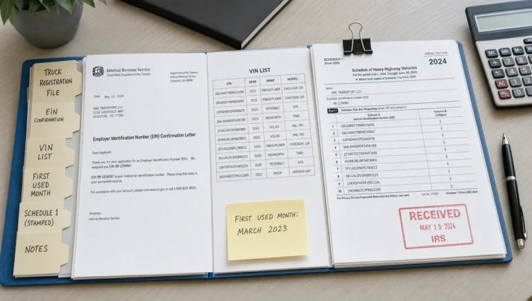 A truck registration file shows EIN notes, VINs, and a stamped Schedule 1 for Form 2290 filing.