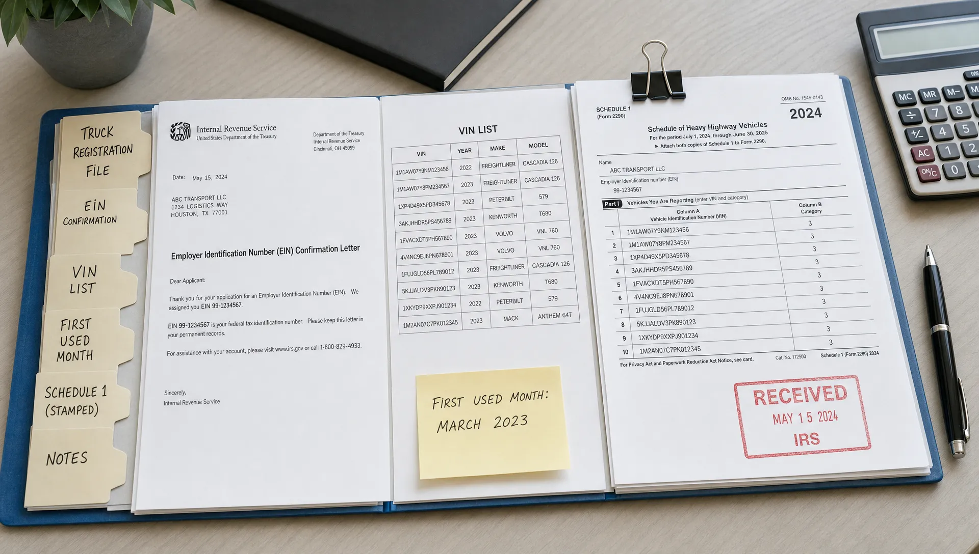 A truck registration file shows EIN notes, VINs, and a stamped Schedule 1 for Form 2290 filing.