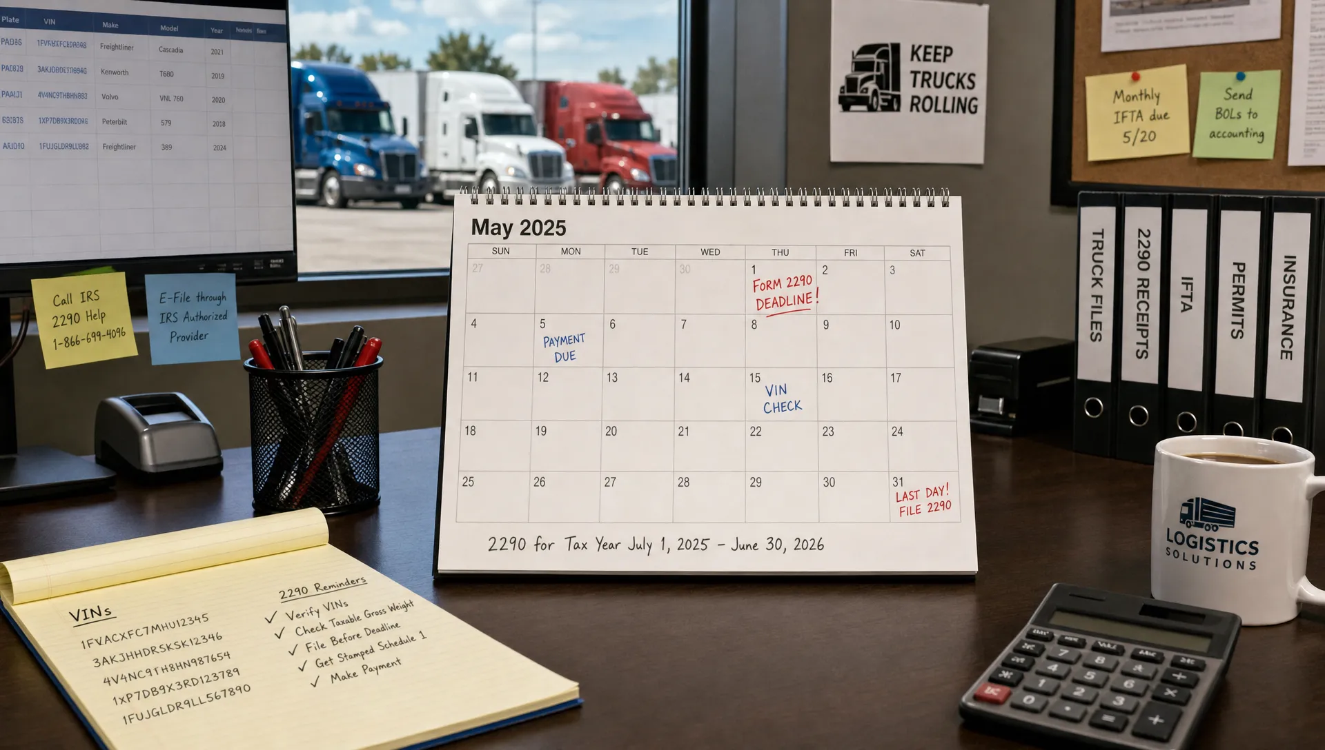 A trucking office desk with a paper calendar marked for Form 2290 deadlines, VIN notes, and payment reminders for several heavy vehicles.