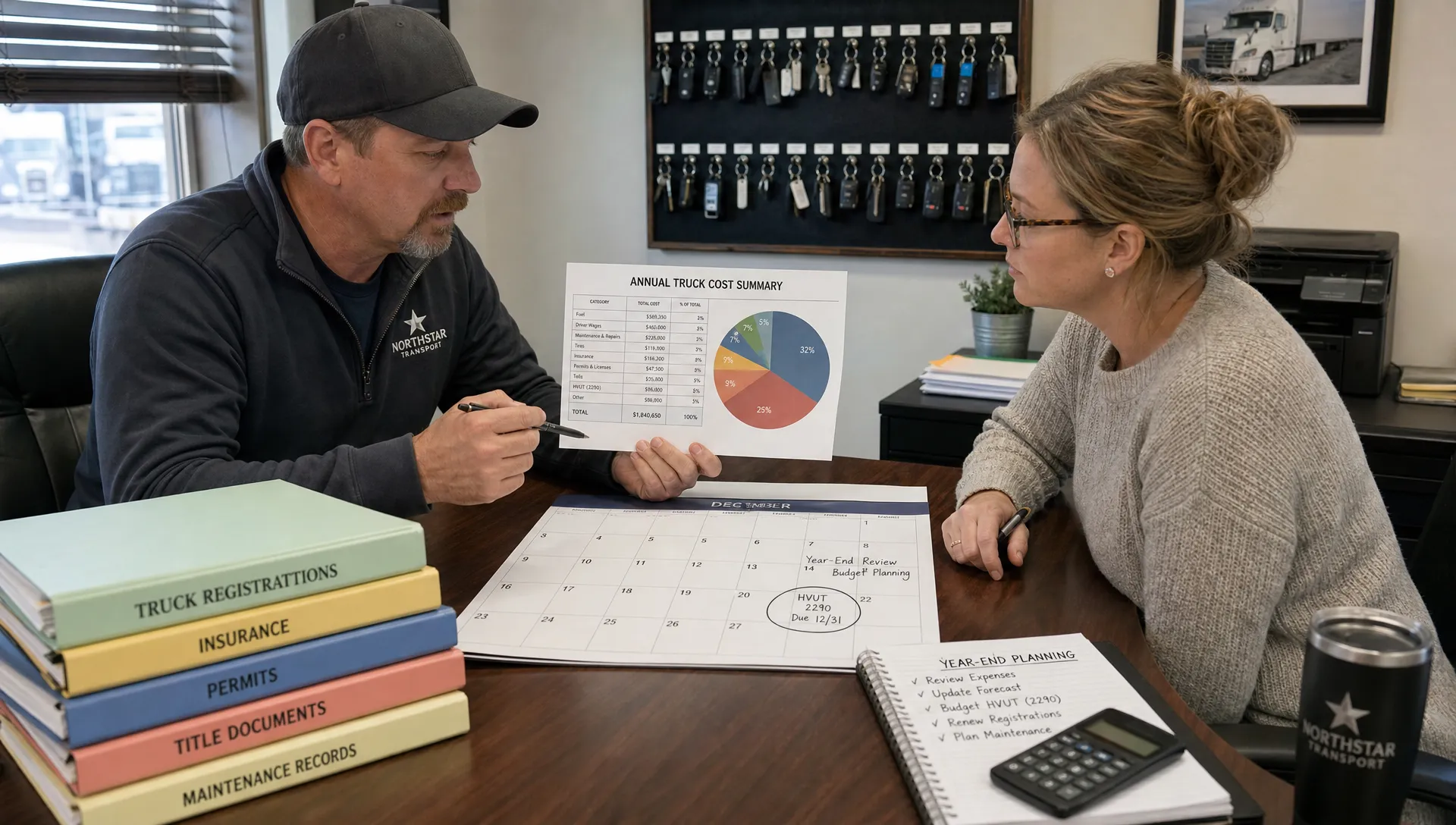 An adult fleet manager and a bookkeeper review truck costs and Form 2290 budgeting in a dispatch office.