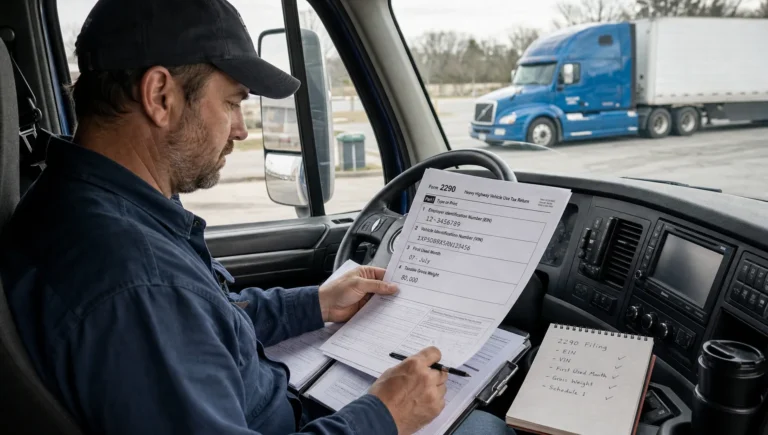 An adult truck driver reviews Form 2290 records in a cab before filing HVUT.