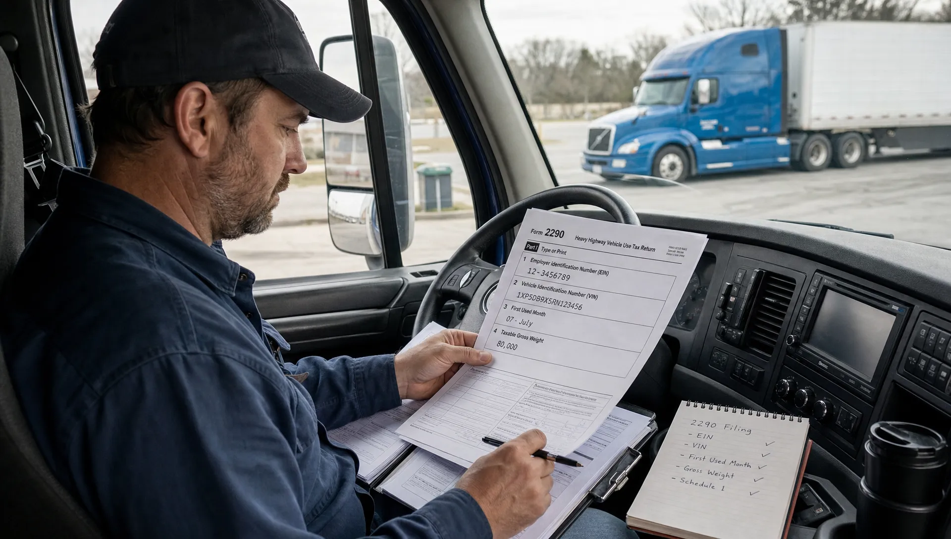 An adult truck driver reviews Form 2290 records in a cab before filing HVUT.