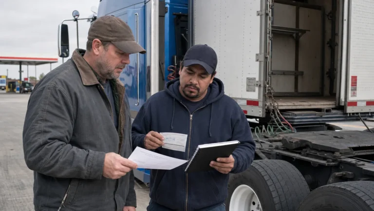 An adult truck owner and driver compare a scale ticket and registration card beside a tractor-trailer for 2290 taxable gross weight.