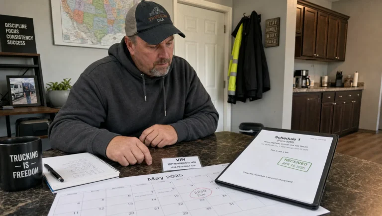 An owner-operator at a home office table reviews a monthly calendar, VIN card, and Schedule 1 for Form 2290.